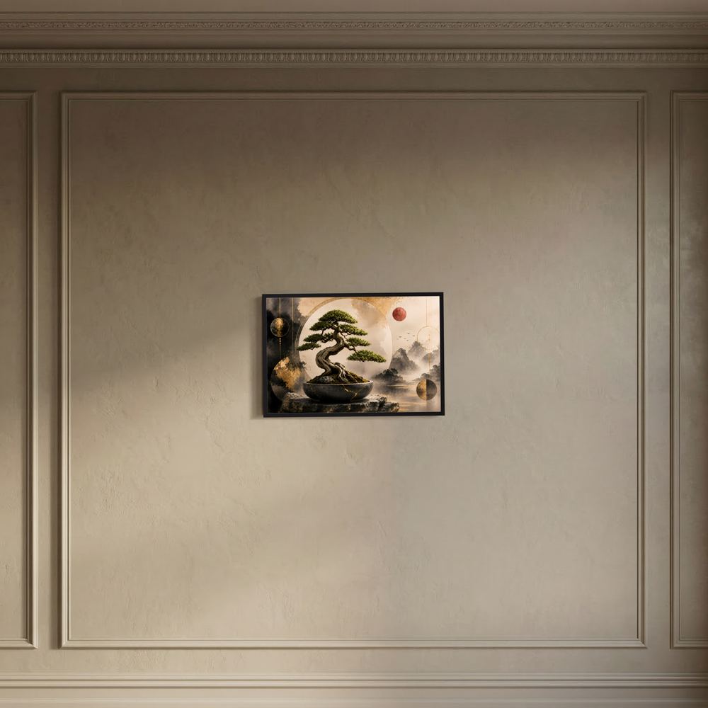 Gerahmtes Bonsai-Poster an der Wand, Schwarz-und-Gold-Illustration mit rundem Motiv.