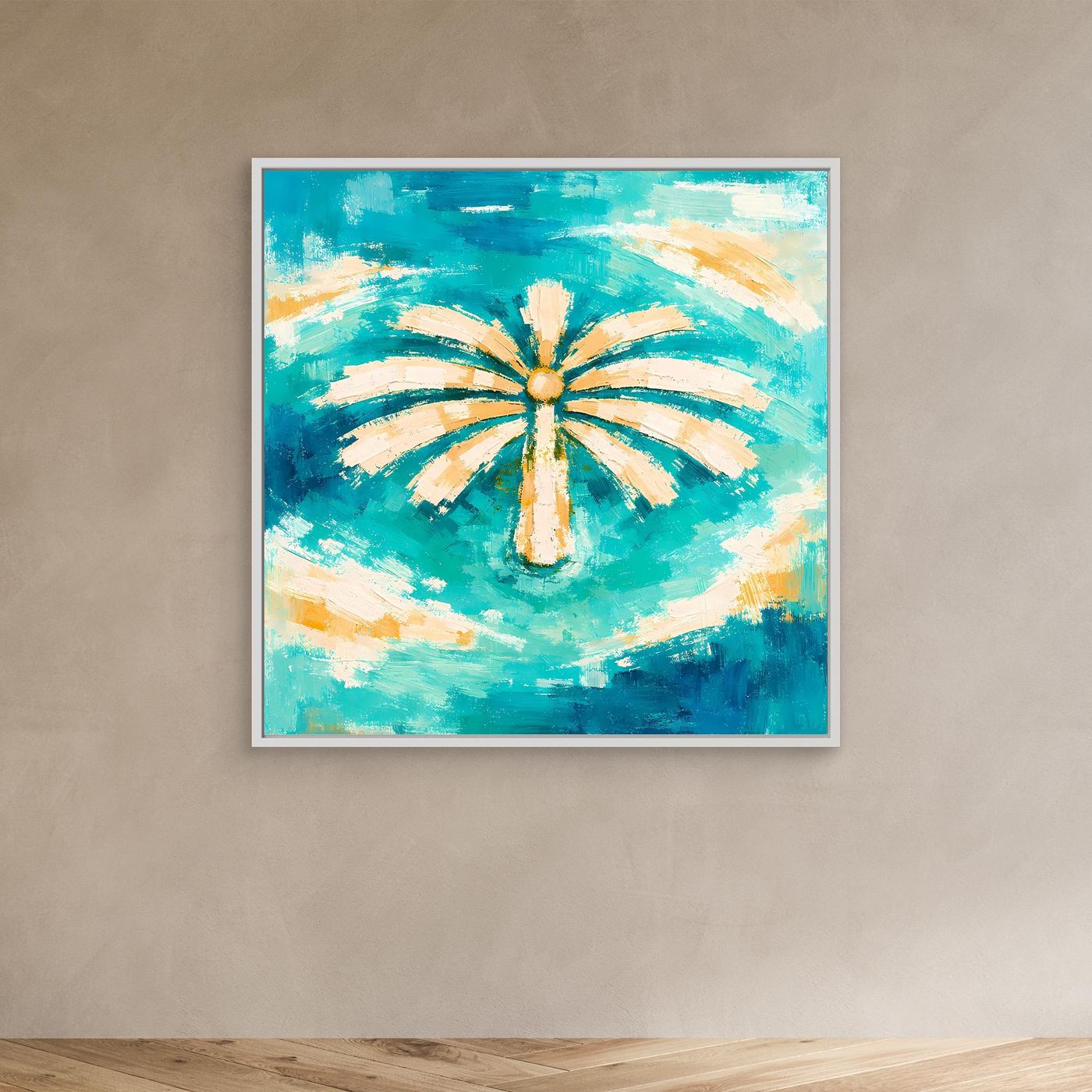 Leinwand Abstrakte Palme im Meer | Modernes Dubai Palmeninsel Wandbild Türkis