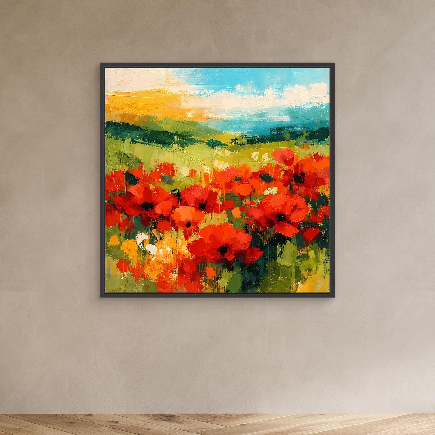 Abstract canvas wall art of a bright red poppy field with green and blue horizon, black frame