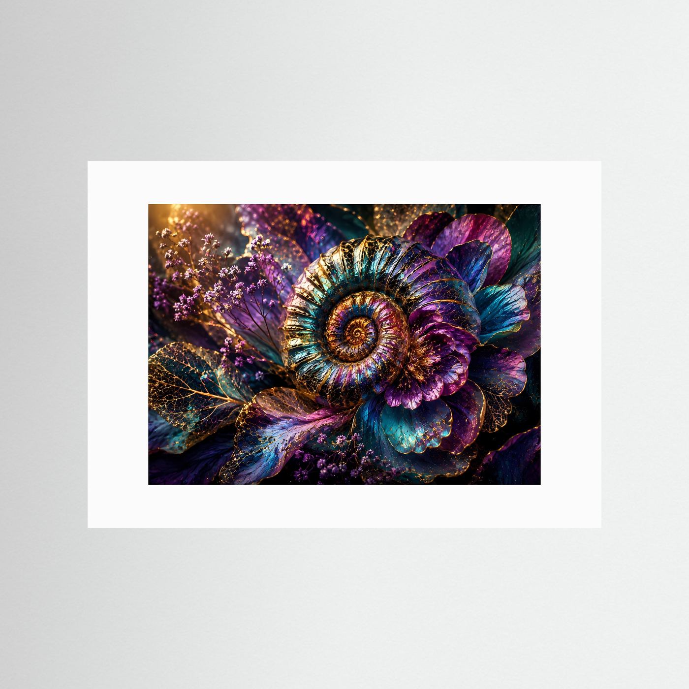 Ammonit Fossil mit Blüten | Luxuriöse botanische Wandkunst in Blau, Violett & Gold
