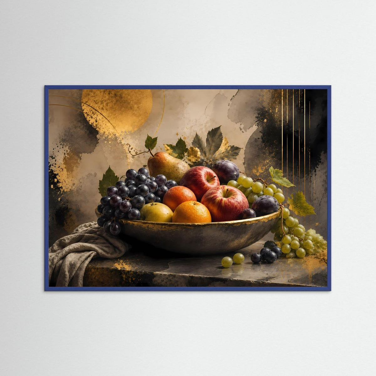 Querformat-Poster: Obstschale mit Trauben, Äpfeln, Orangen und Birne im blauen Rahmen