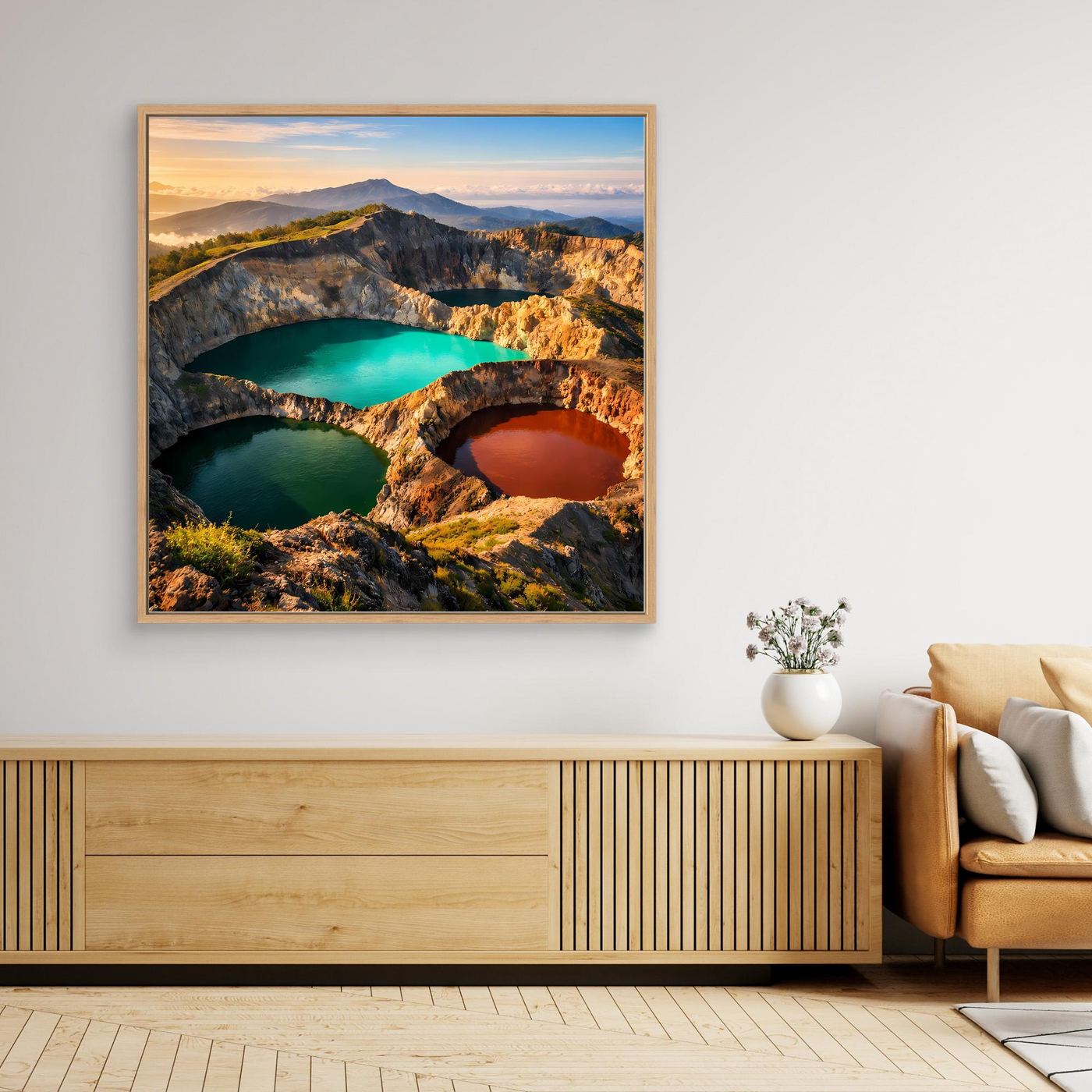 Leinwandbild Vulkanlandschaft mit bunten Kraterseen, gerahmtes Wandbild