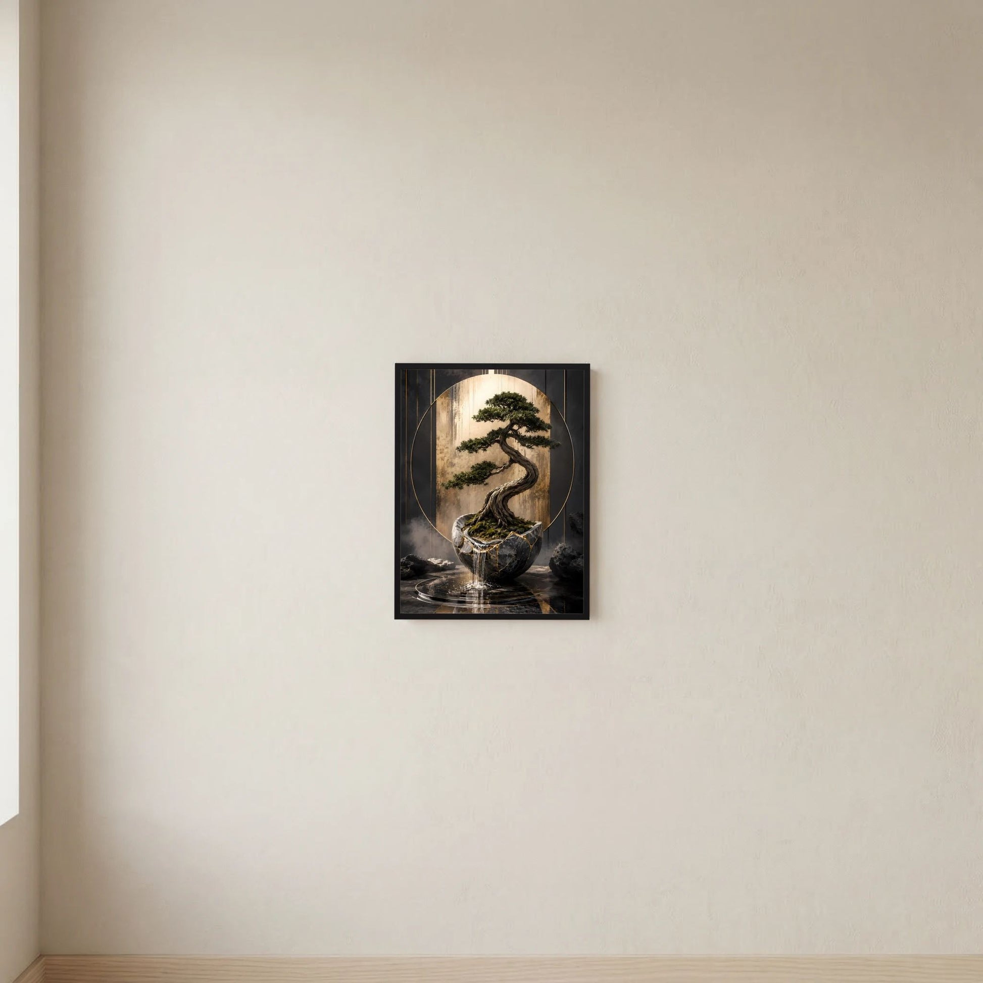 Hochformat-Poster mit Bonsai im schwarzen Gefäß, goldgrüne Baumkrone, schwarzer Einrahmung