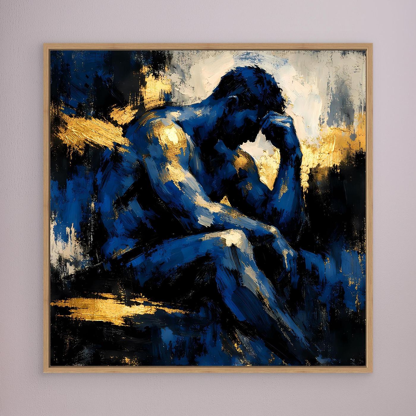 Leinwand Der Denker in Blau | Abstraktes Männersilhouette Wandbild Gold