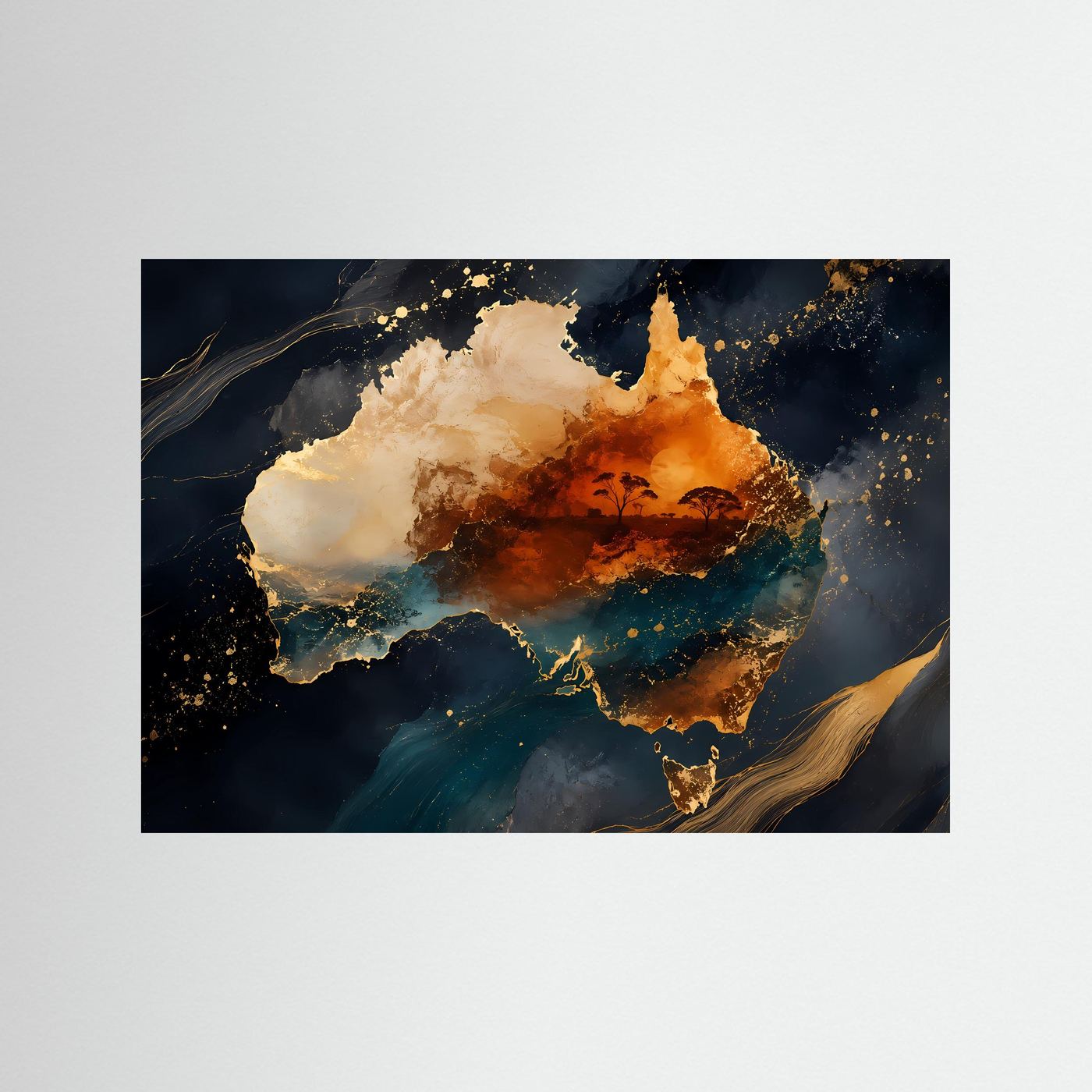 Querformat-Artposter mit schwarzem Rahmen und abstrakter Australien-Szene in Orange und Blau