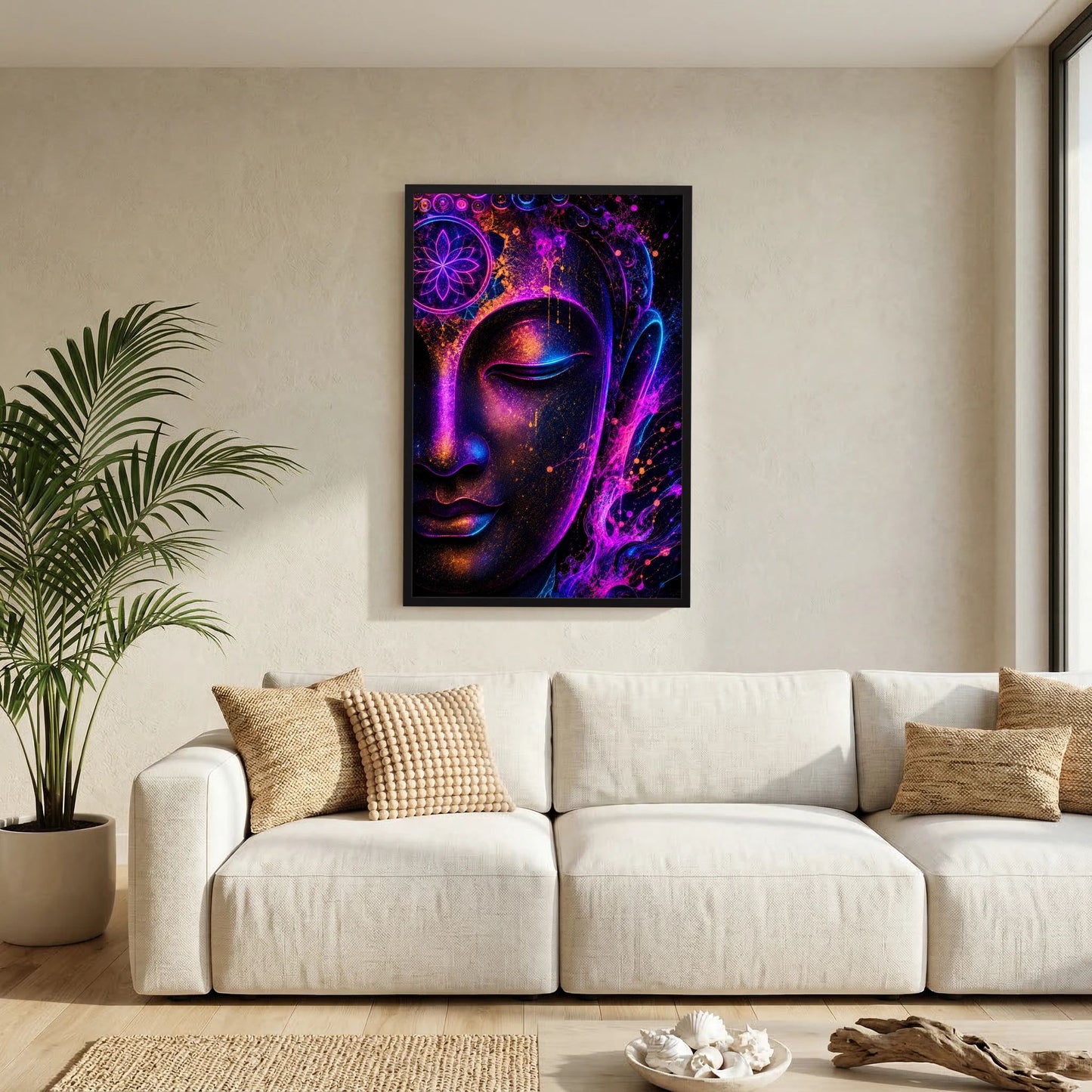 Neon-Buddha-Poster mit schwarzem Rahmen, abstraktes Buddha-Gesicht in Pink und Blau