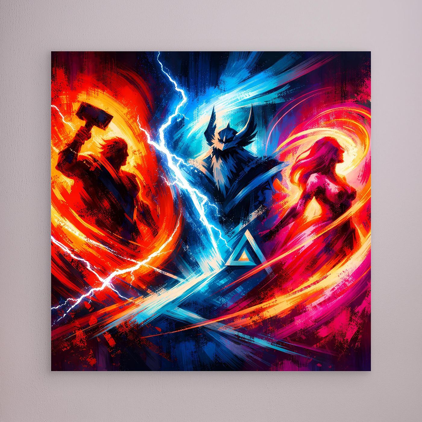 Neon-Fantasy-Leinwandbild: blaue Blitz- und rote Wirbelgrafik mit Figuren