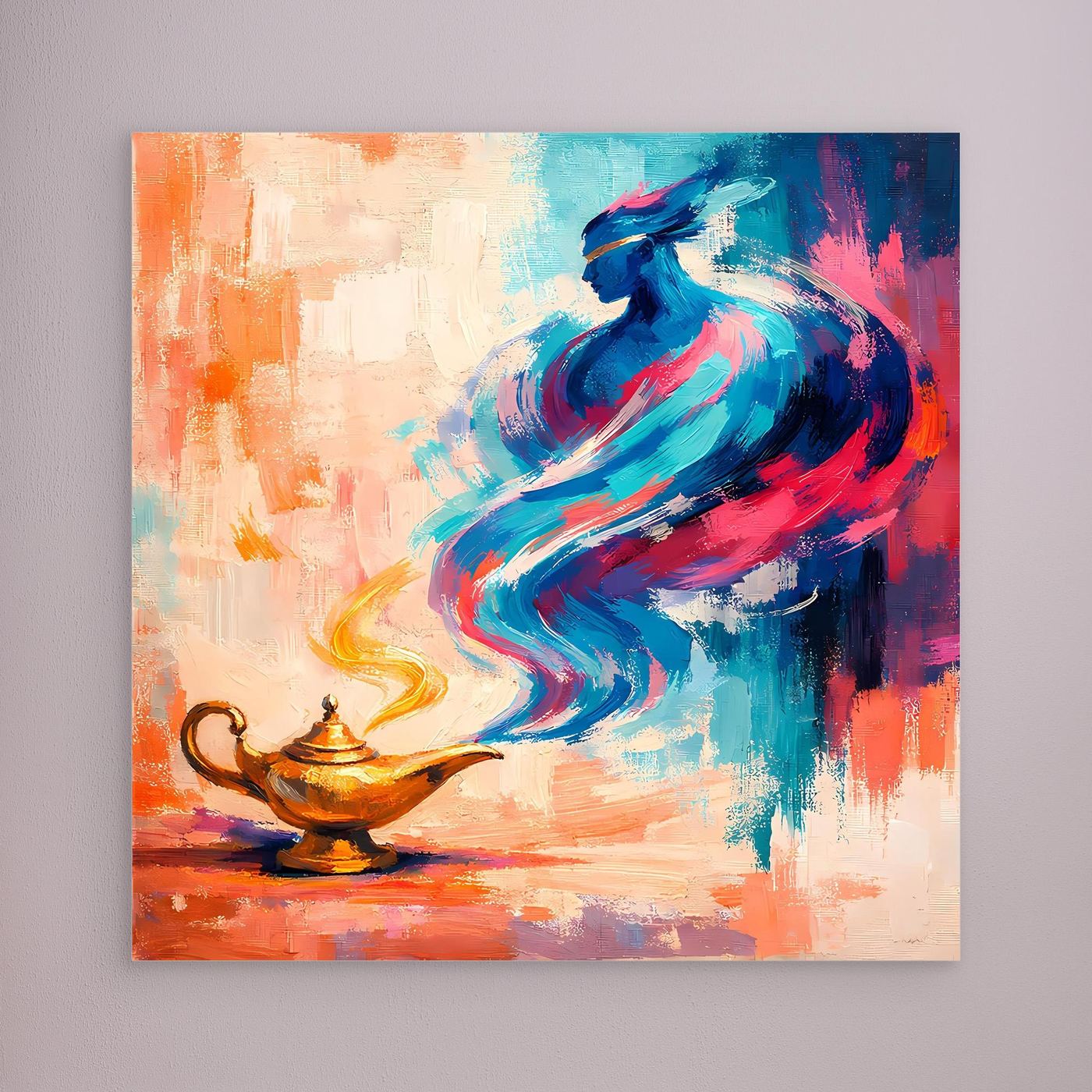Wandbild mit abstraktem Flaschengeist, ungerahmte Leinwand, blaue und orange Farbfelder
