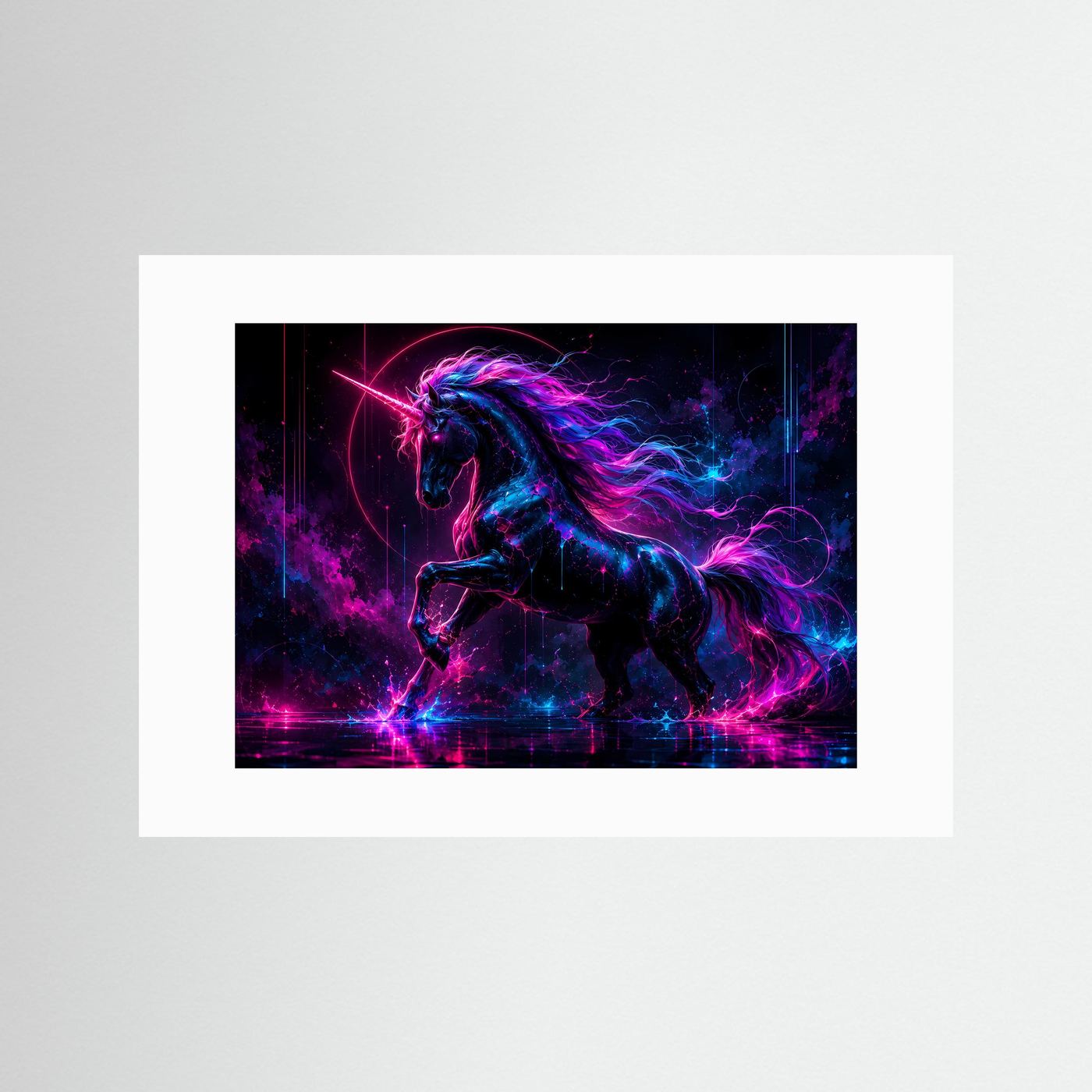Neon Einhorn Poster | Mystische Fantasy Wandkunst | Magisches Unicorn | Cyberpunk Kunst | Premium Leinwandbild