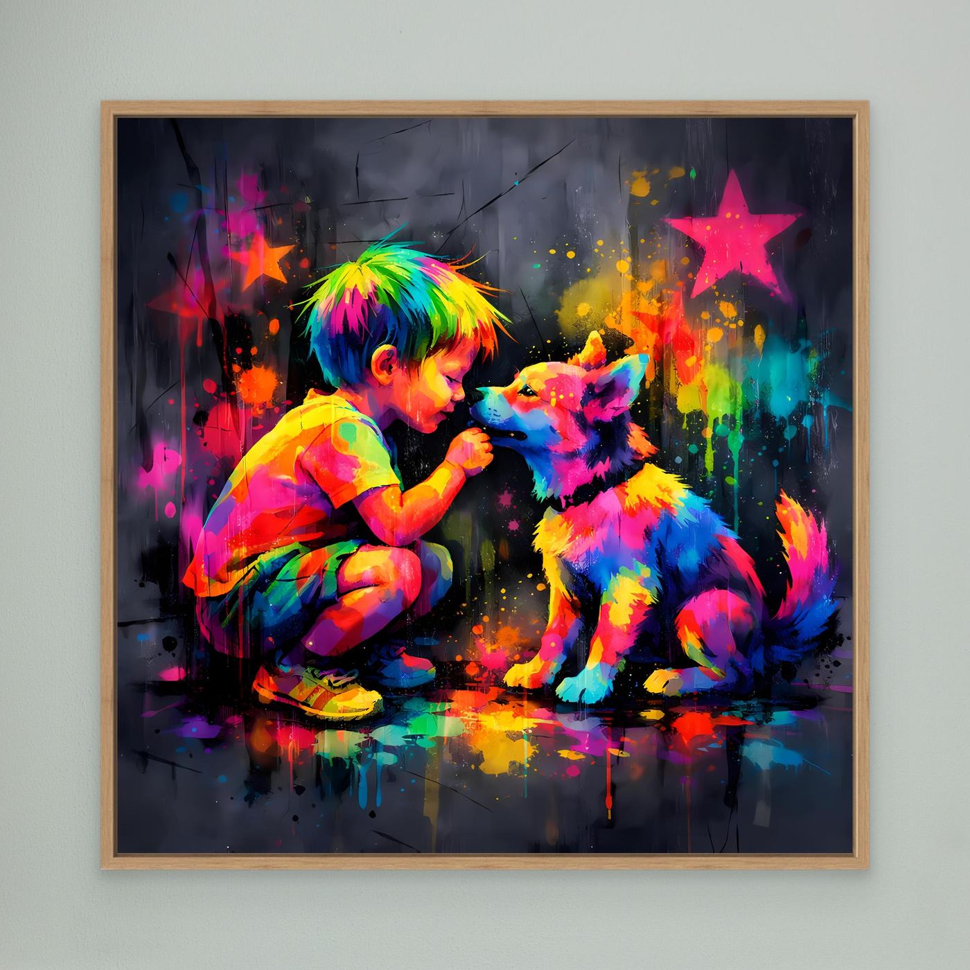 Leinwandbild im Eichenrahmen: Kind und Hund im bunten Graffiti, Farbsterne und Spritzer