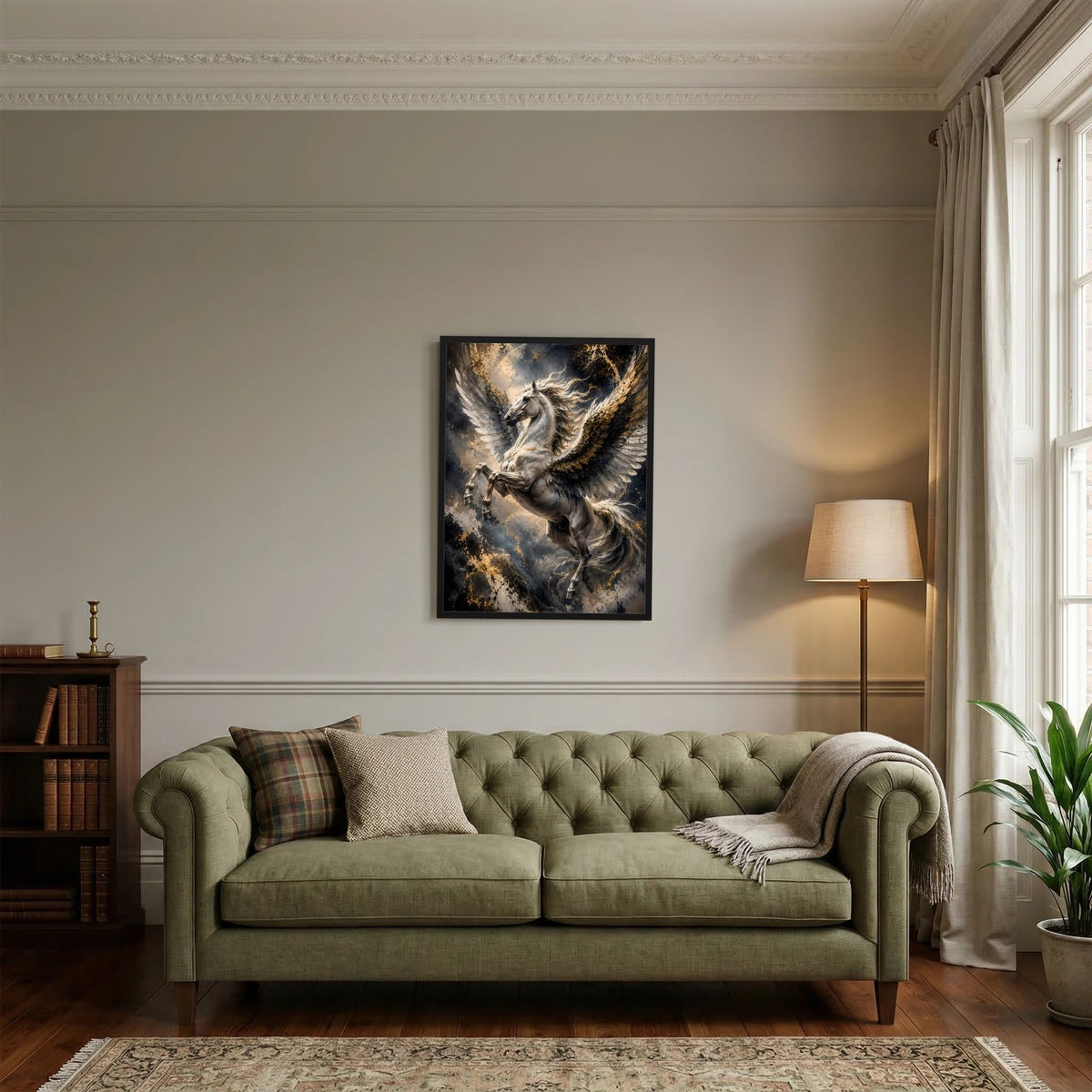 Wandposter mit Pegasus, gold schimmernde Flügel über dunklem Hintergrund, schwarzer Rahmen