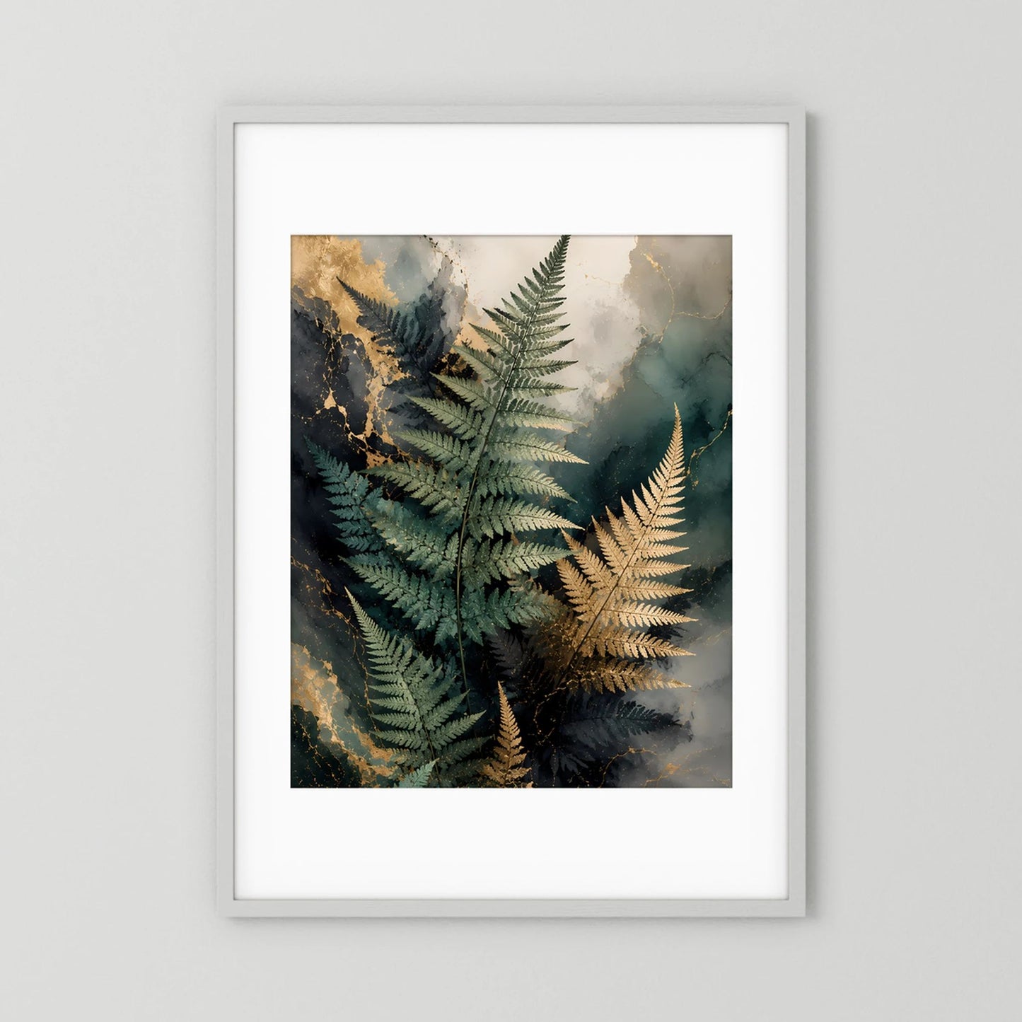Edle Farnblätter in Grün & Gold | Botanische Kunst auf Marmoroptik | Poster Hochformat
