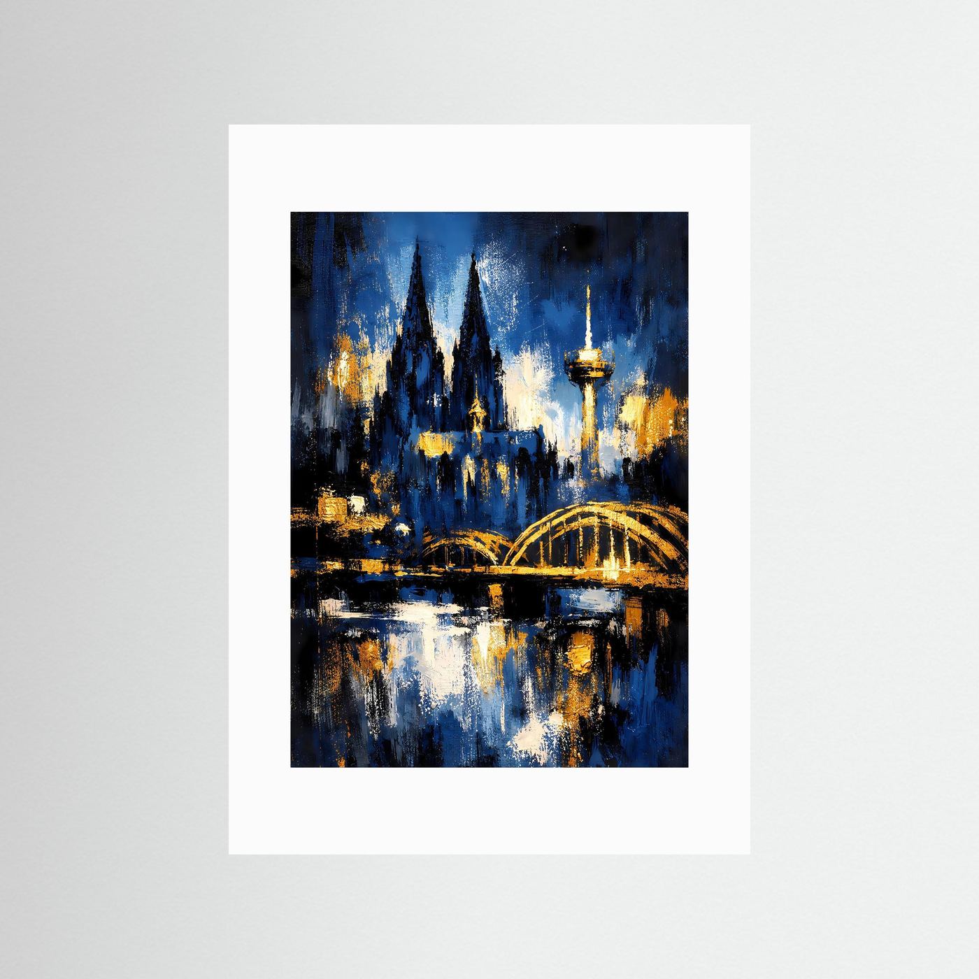 Abstraktes Skyline-Poster mit weißem Passepartout, blau-goldene Dom- und Brückenszene