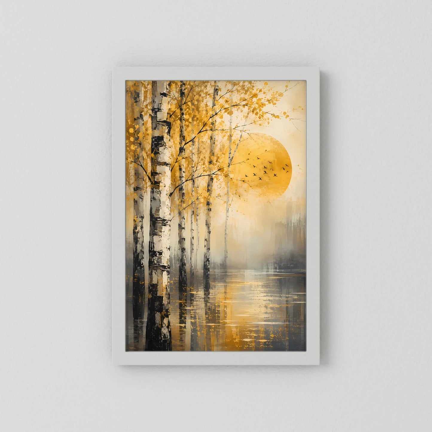 Poster im weißen Rahmen mit abstrakter Herbstlandschaft, goldener Sonne, Birken und Vögeln