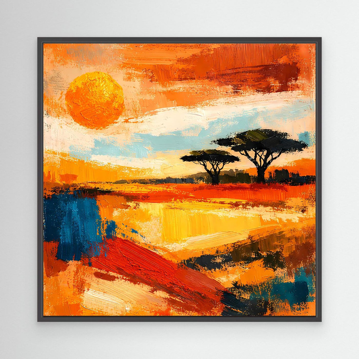 Abstract landscape wall art with orange sunset tones, sun disc, and acacia silhouettes in a black frame.