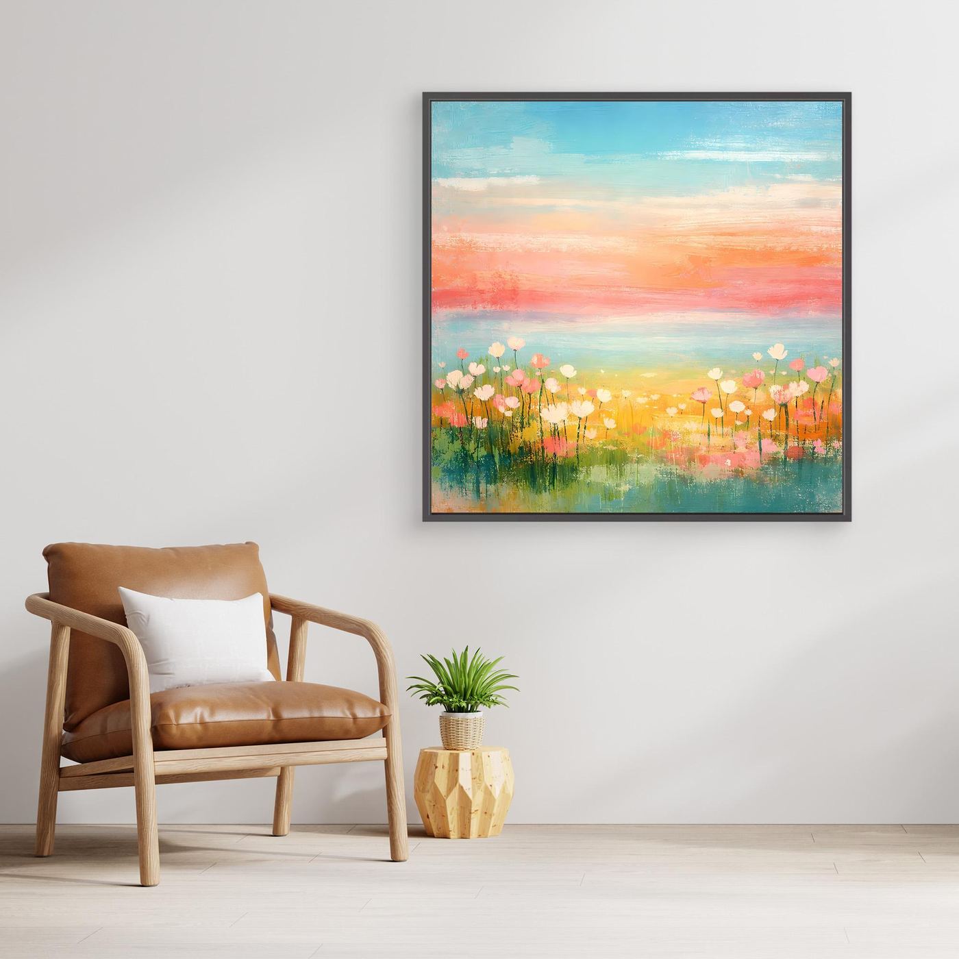 Leinwand-Wandbild mit Blumenwiese am Meer, Pastellfarben, schwarzer Rahmen