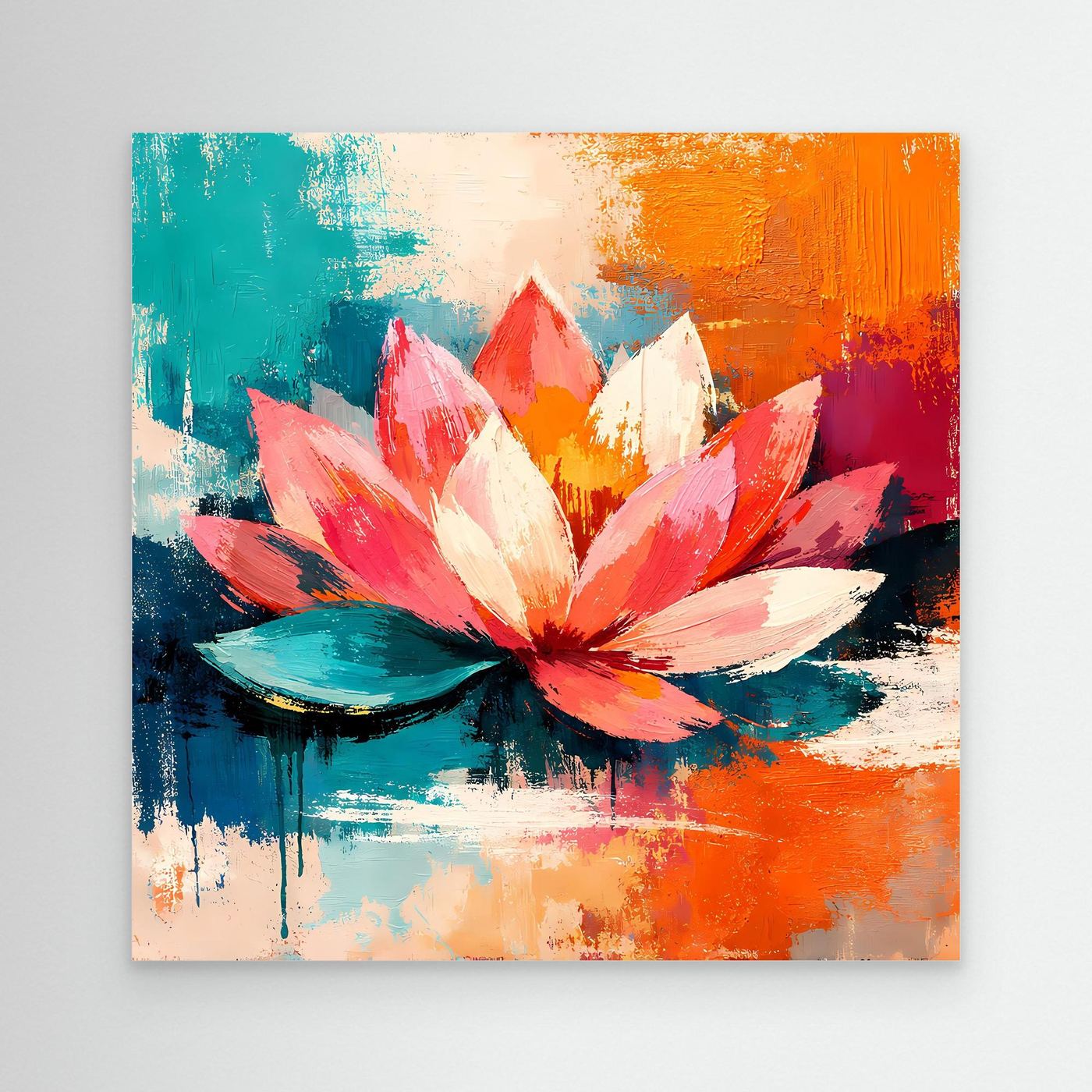 Abstract lotus flower canvas wall art with teal, orange, pink petals and water reflections