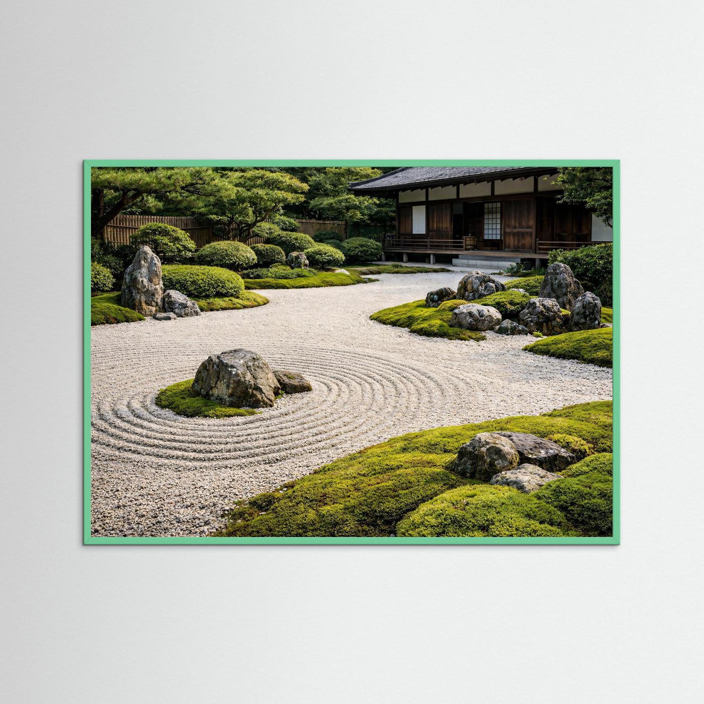 Japanisches Zen-Garten-Poster mit Teehaus, Kiesweg, Büsche und Steinen; grüner Rahmen