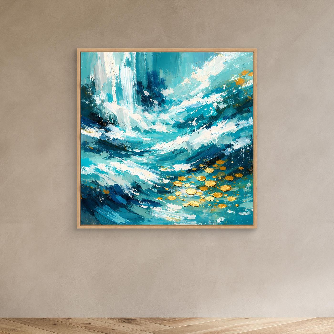 Abstraktes Leinwand-Wandbild mit hellem Holzrahmen, türkisfarbene Wellen und goldene Akzente