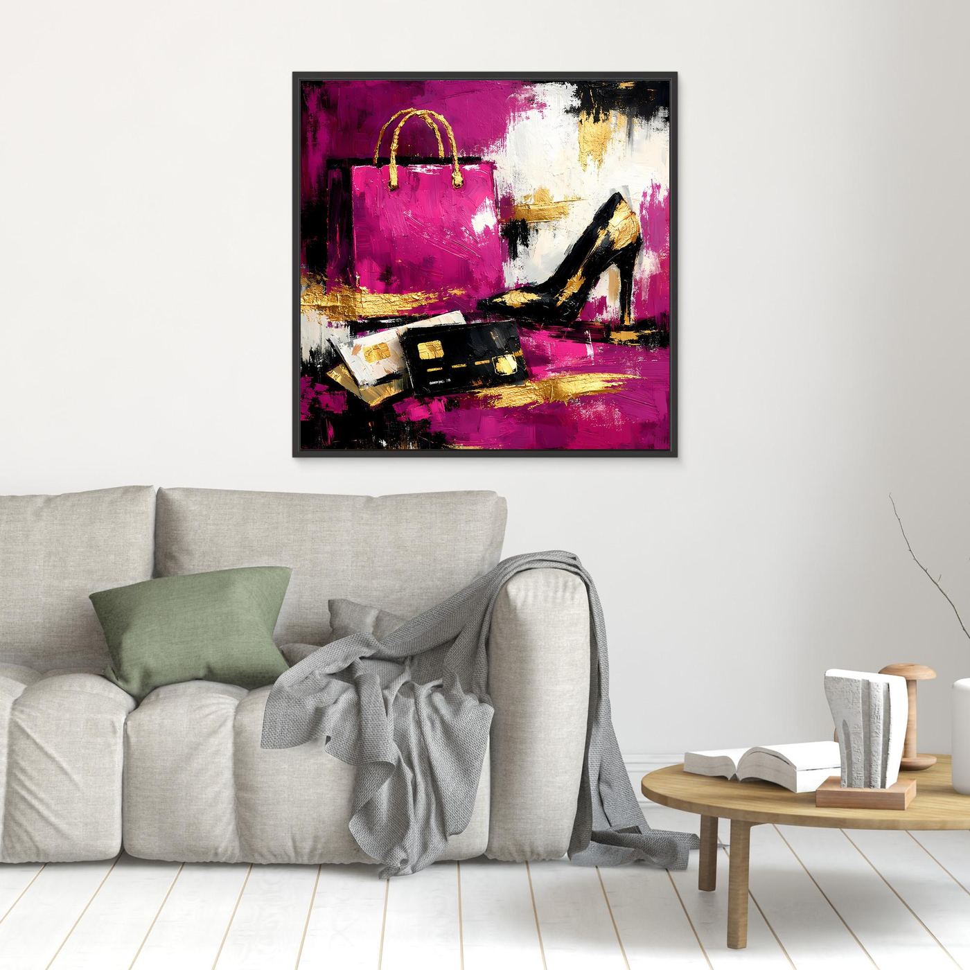 Leinwand Abstraktes Fashion Wandbild in Pink und Gold | Modernes High Heels & Shopping Gemälde