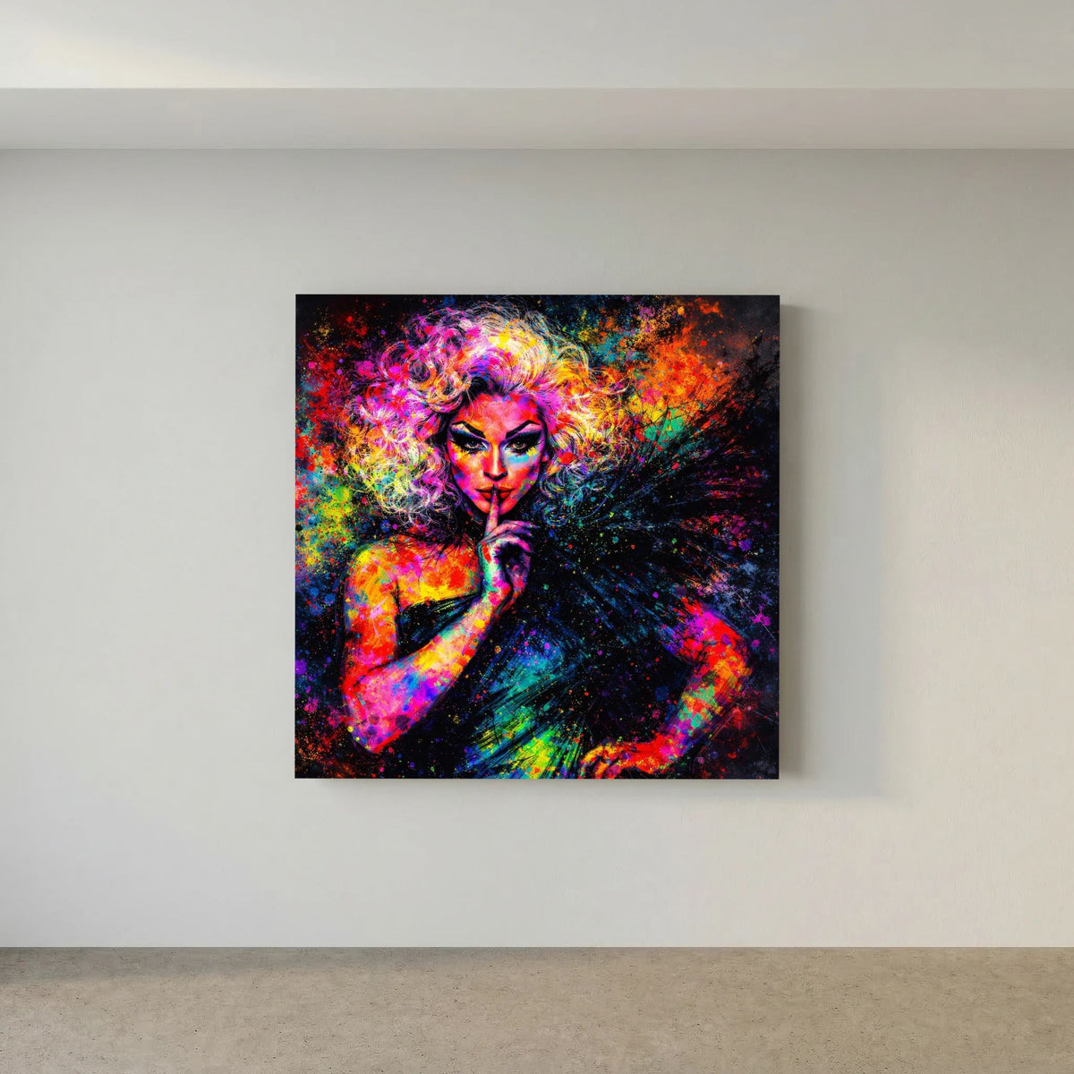 Leinwandbild mit Pop-Art-Drag-Queen-Porträt, große Farbflächen auf Keilrahmen