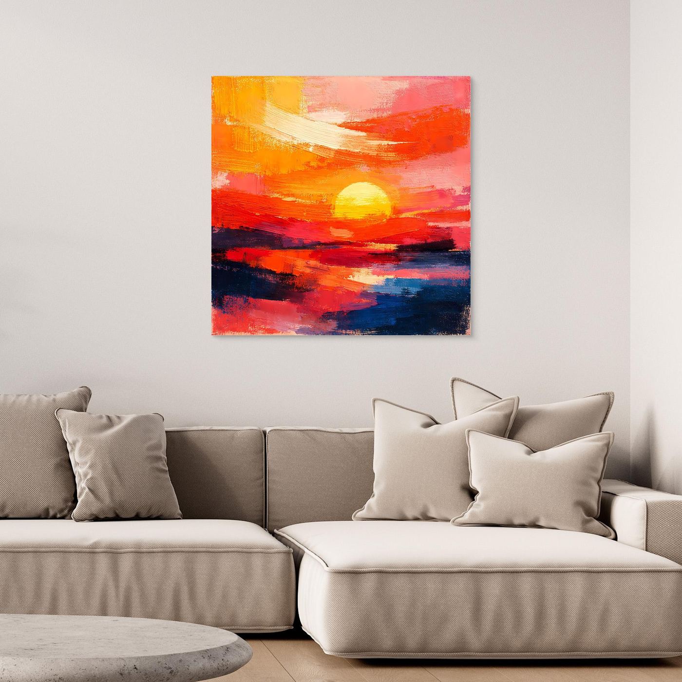 Abstract sunset seascape canvas art with orange and red sun over blue ocean waves
