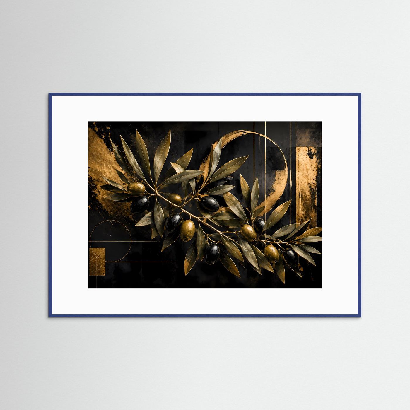 Goldener Olivenzweig auf tiefschwarzem Hintergrund | Elegante Oliven mit metallischen Goldakzenten und geometrischen Formen | Luxuriöse mediterrane Botanik-Wandkunst im Querformat