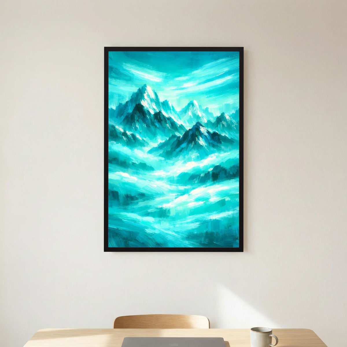 Wandbild im Hochformat: abstrakte türkisweiße Berge mit schwarzem Rahmen