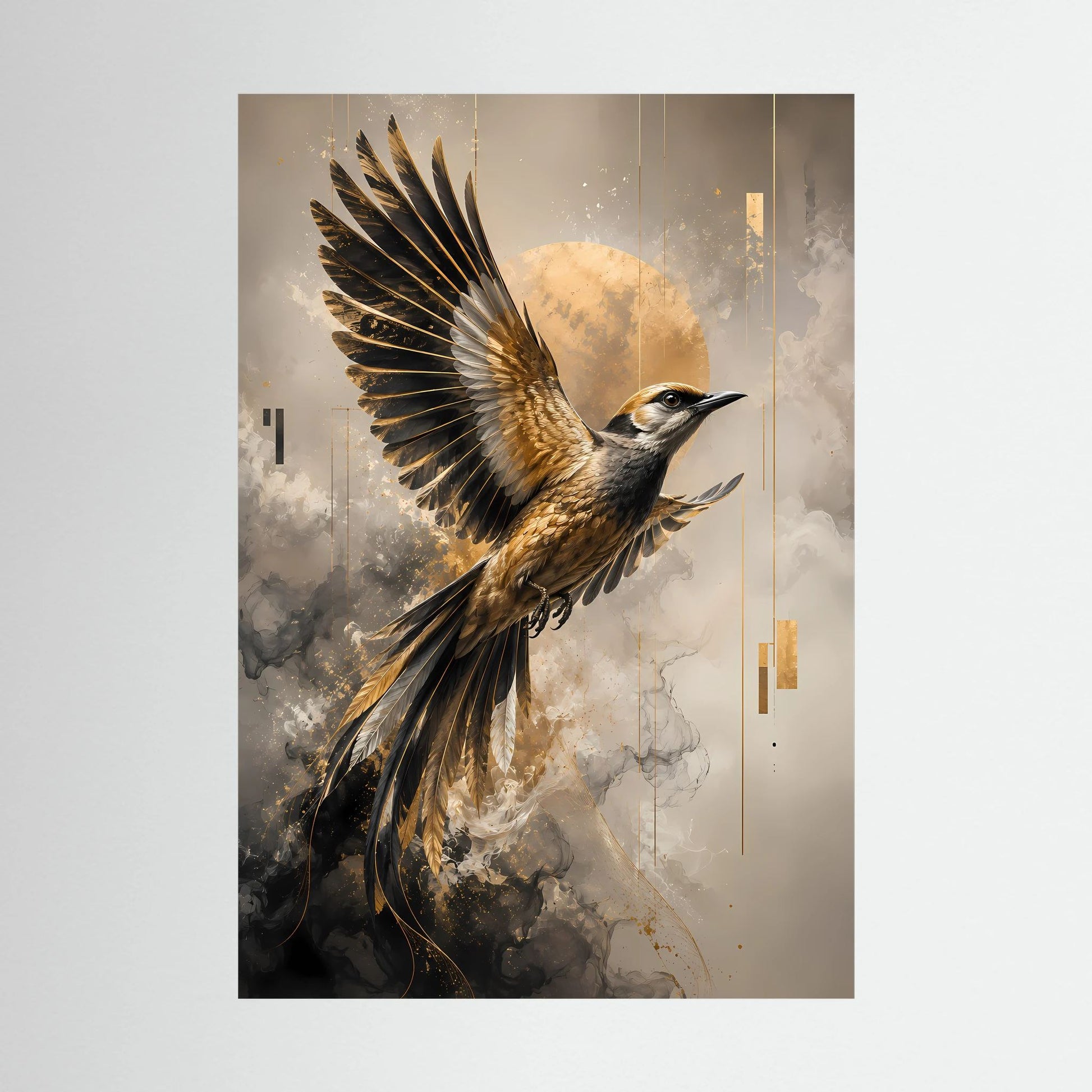 Hochkantiges Vogelkunstposter mit Flügeln in Schwarz und Gold, abstraktem Hintergrund
