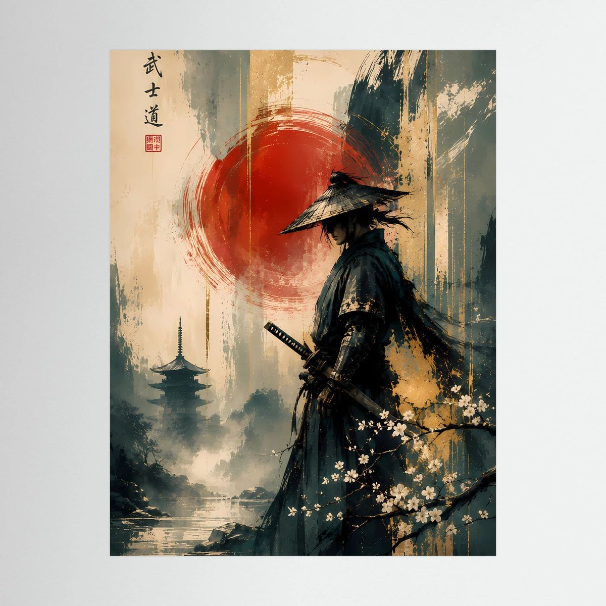 Unge(r)ahmtes Poster: Samurai in dunkler Rüstung vor roter Sonne, Aquarell-Optik