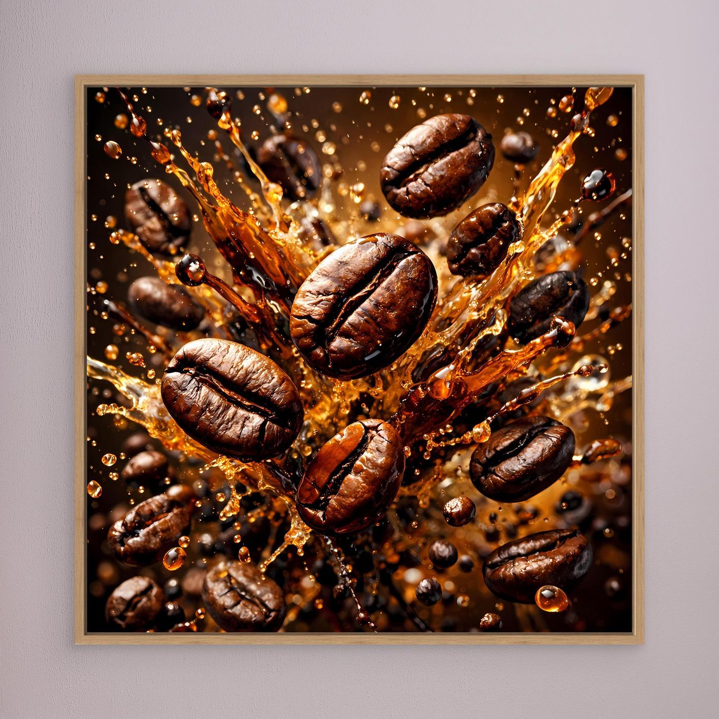 Leinwandbild mit Kaffeebohnen-Splash, braune geröstete Bohnen im Spritz-Design, heller Holzrahmen