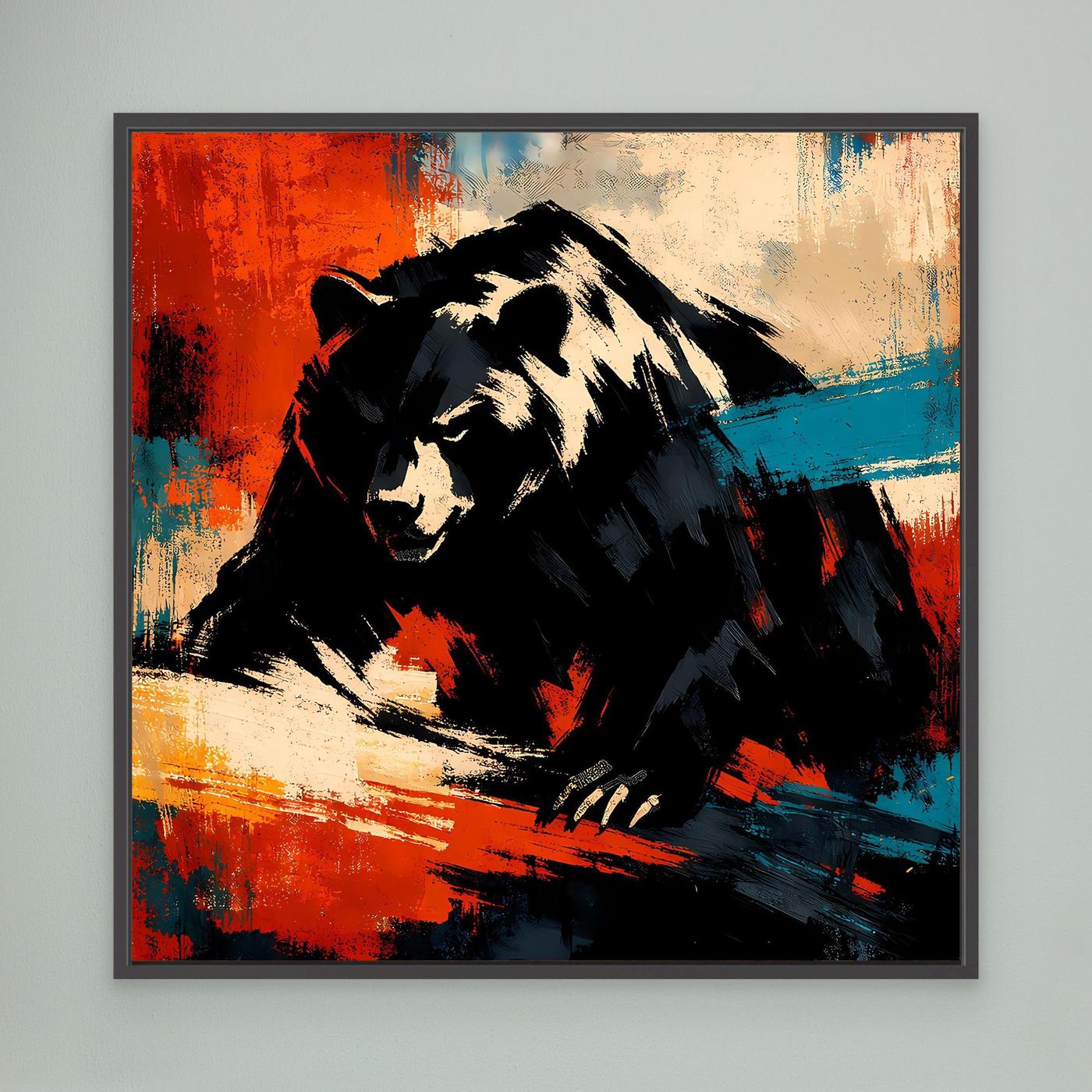 Leinwand-Wandbild: abstrakter Grizzlybär, schwarz-beige, Rot- und Blauakzente, schwarzer Rahmen