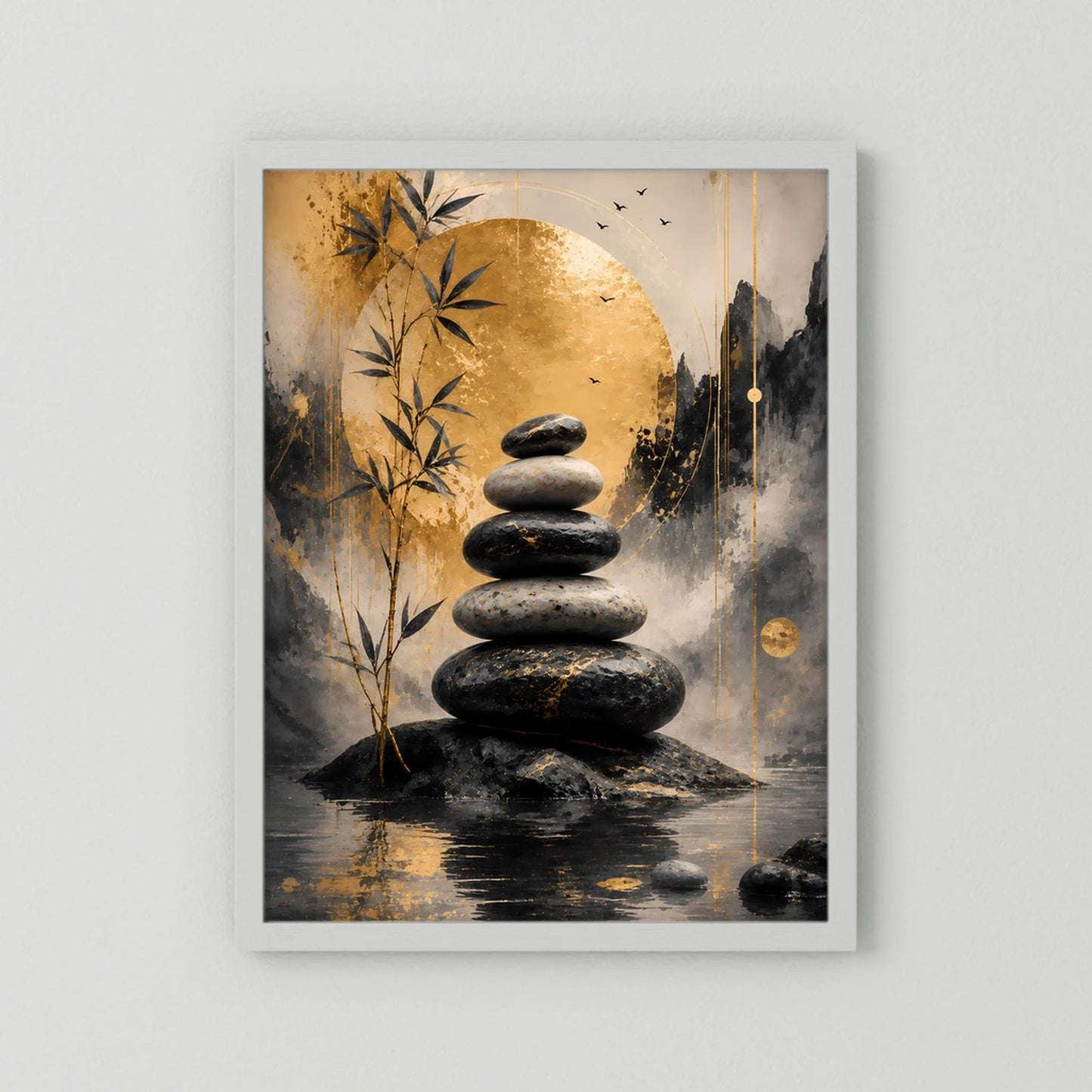 Hochformat-Poster mit weißem Rahmen: dunkle Steinsäule, Bambus und goldene Kreisfläche