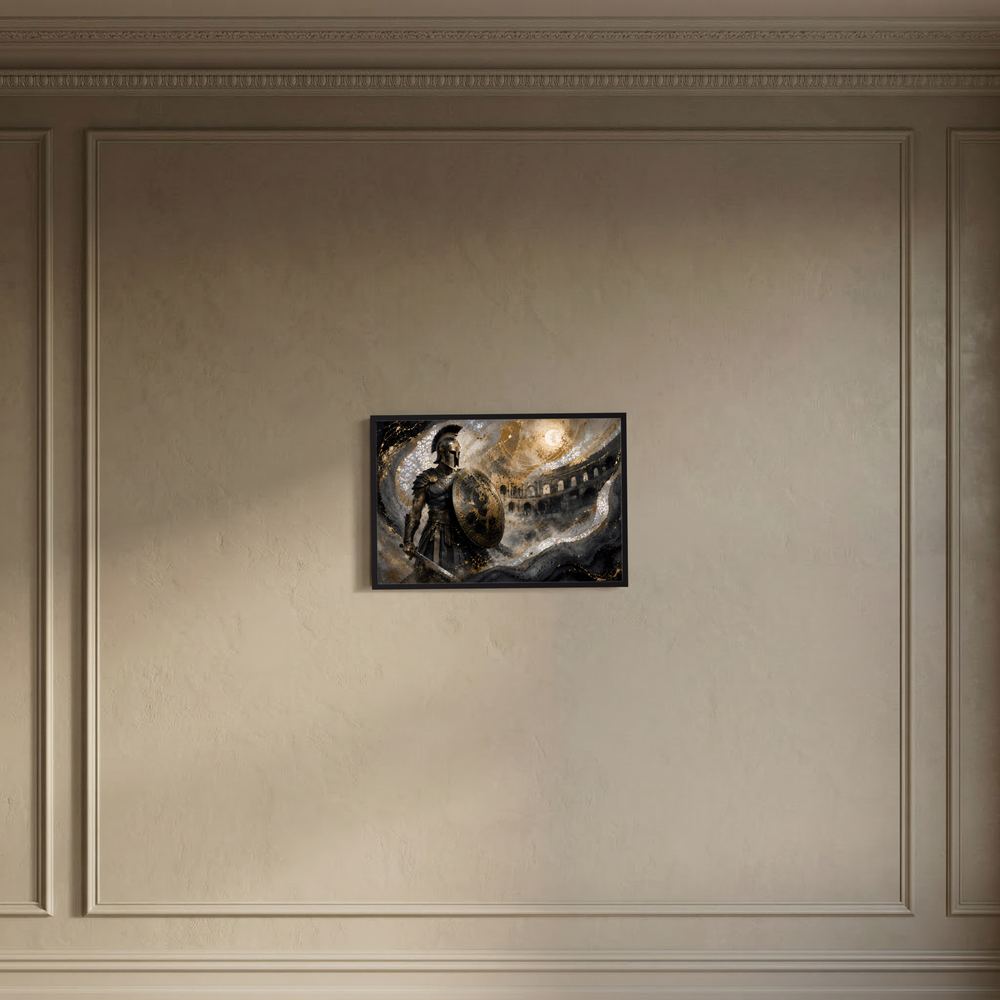 Wandposter mit römischem Gladiator in dunkler Rüstung und goldenem Schild, im schwarzen Rahmen.