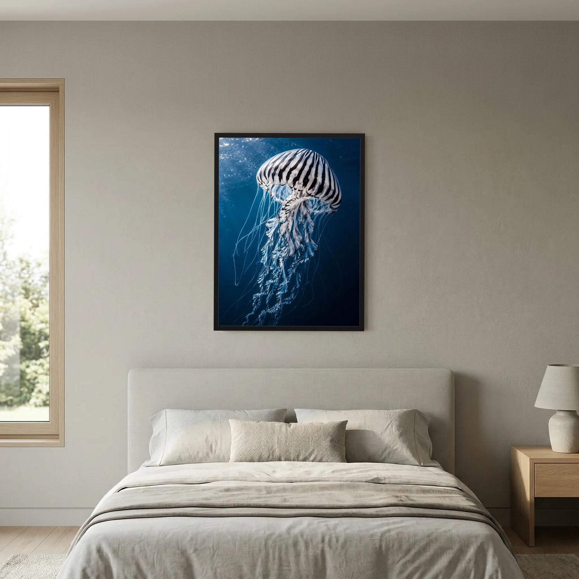 Gerahmtes Poster mit blauer Qualle, hellem Körper und dunklem Untergrund