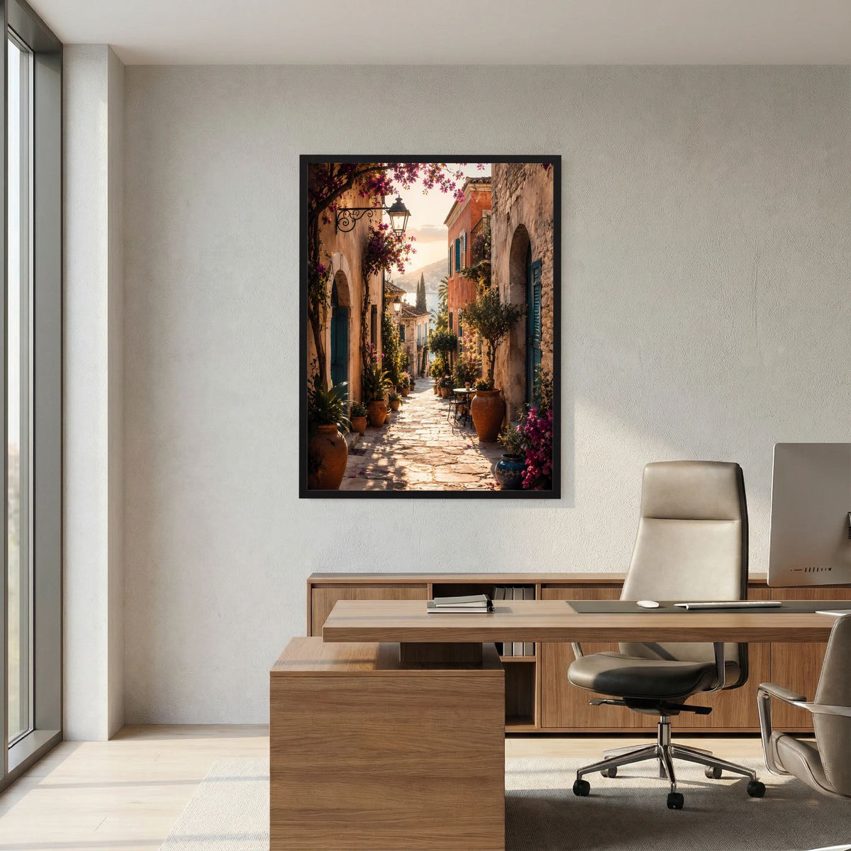 Wandposter am Bürobereich: mediterrane Altstadtgasse mit blühenden Pflanzen