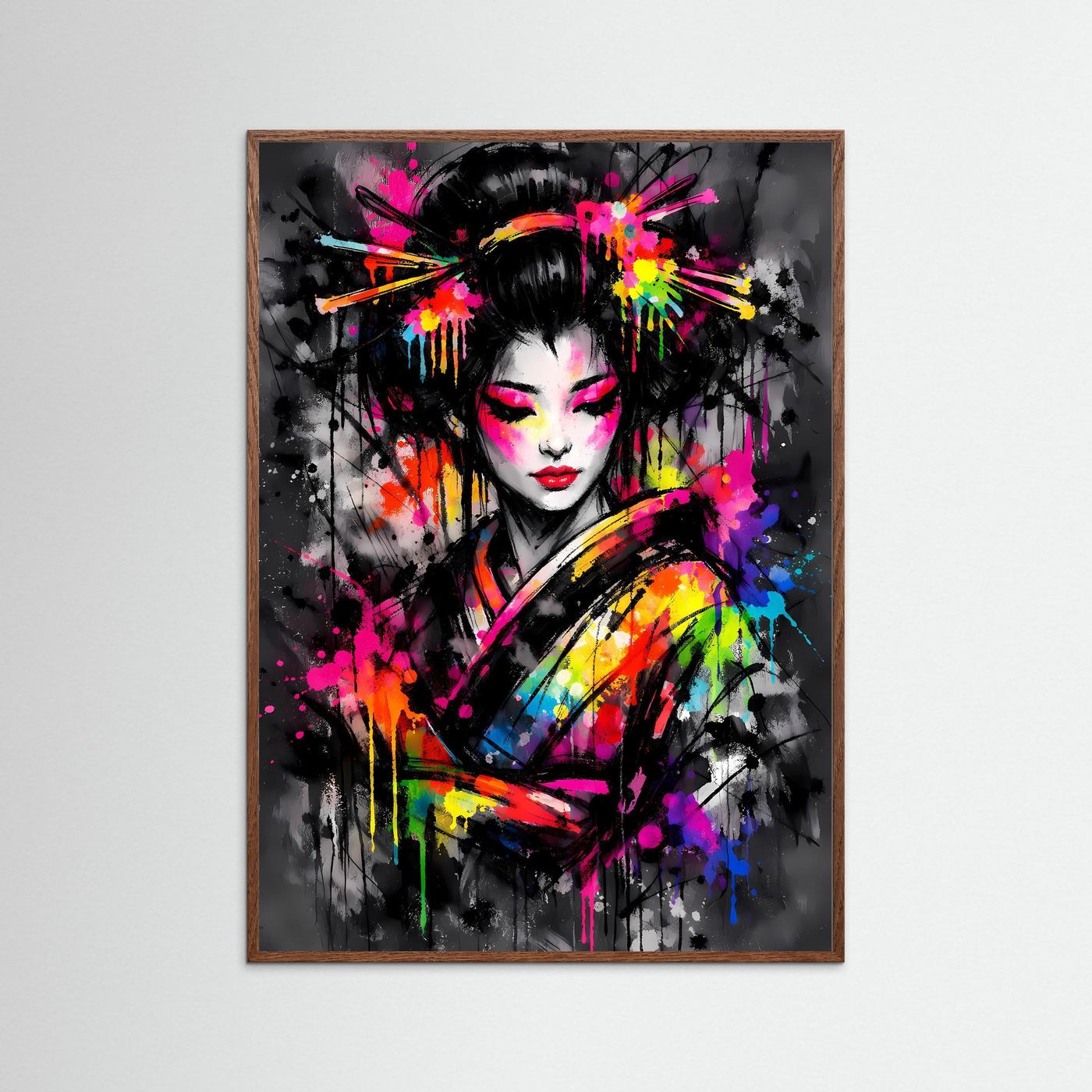 The Neon Geisha | Luxuriöses Geisha Poster Bunt & Dunkel | Abstraktes Japan Kunstposter Hochformat