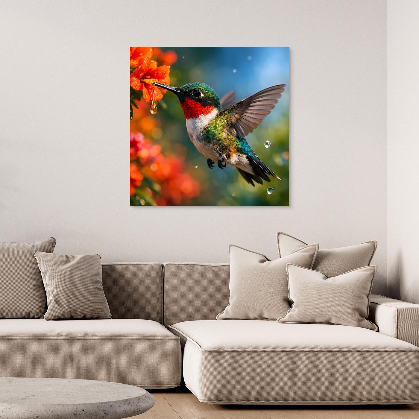 Leinwand Kolibri im Blütenrausch | Farbenfrohes Vogel Natur Wandbild