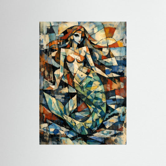 Abstraktes Meerjungfrauen-Poster, geometrisch in Blau, Grün und Rostorange
