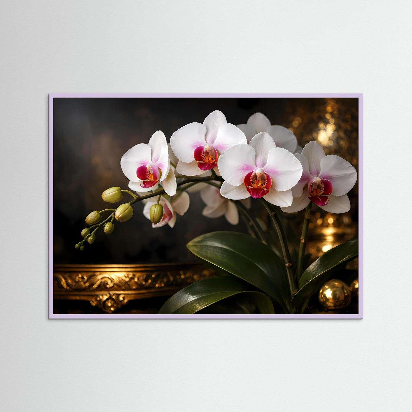Orchideenposter mit weißen Blüten und rosa Zentren, goldene Akzente, lila Rahmen