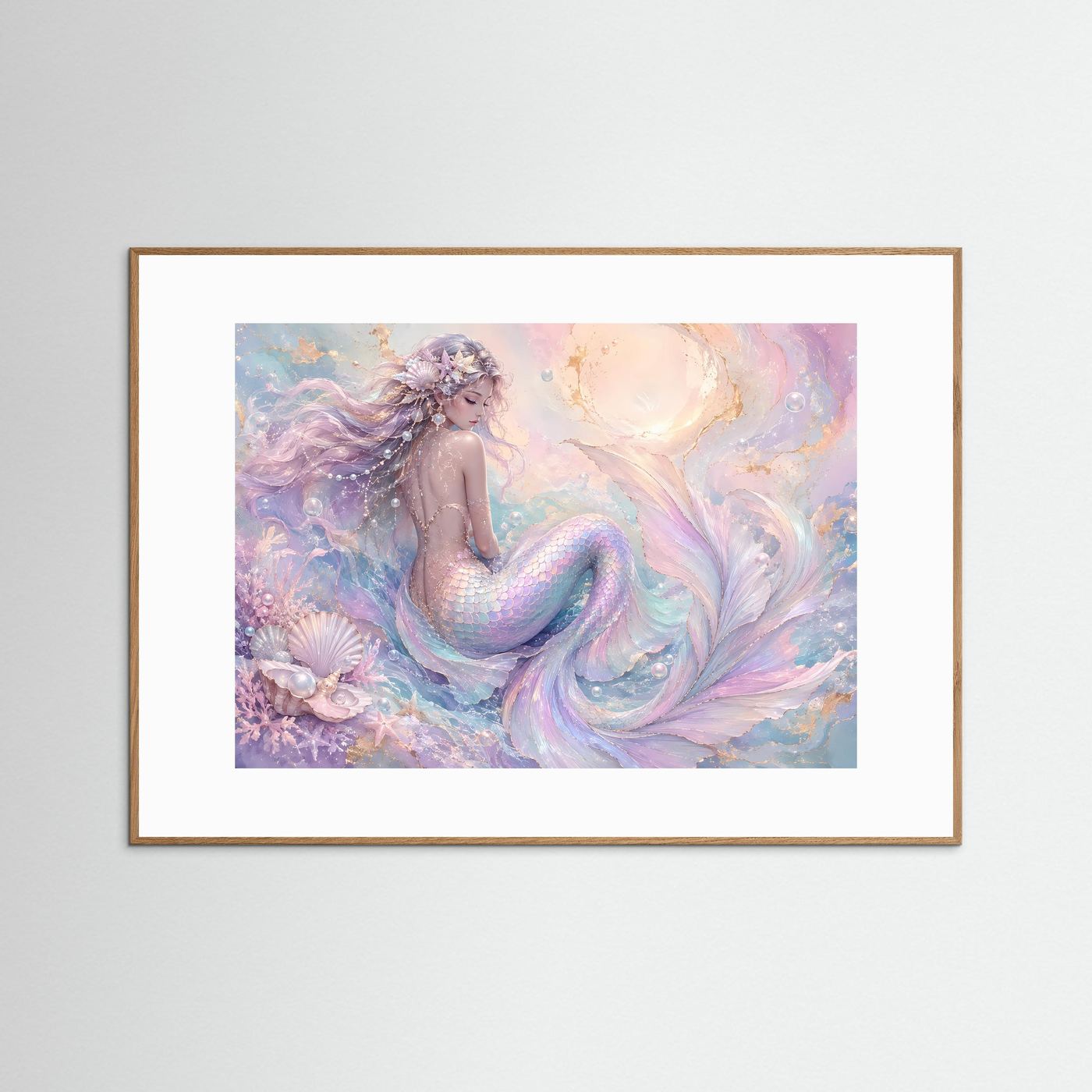 Meerjungfrau Poster Querformat | Pastell Fantasy Meerjungfrau Wandbild | Elegante Ozean Kunst