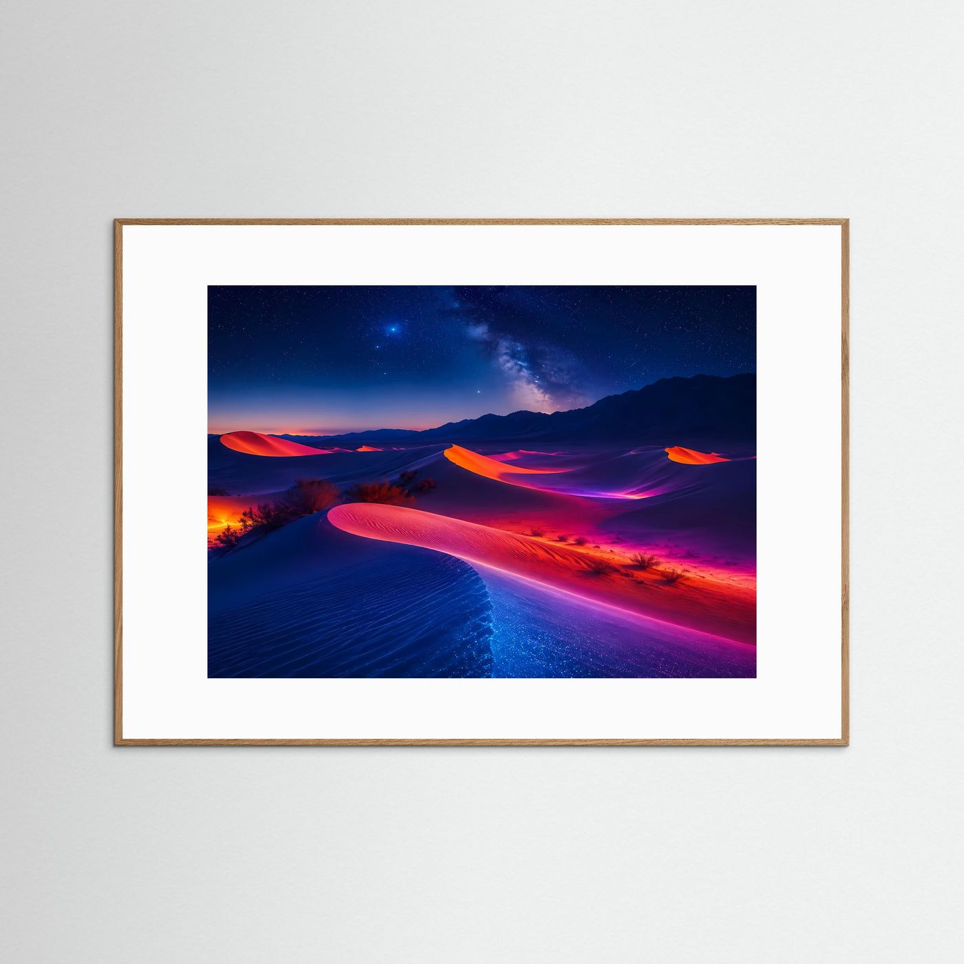 Leuchtende Neon-Wüste bei Nacht | Futuristische Dünen Landschaft Poster Querformat