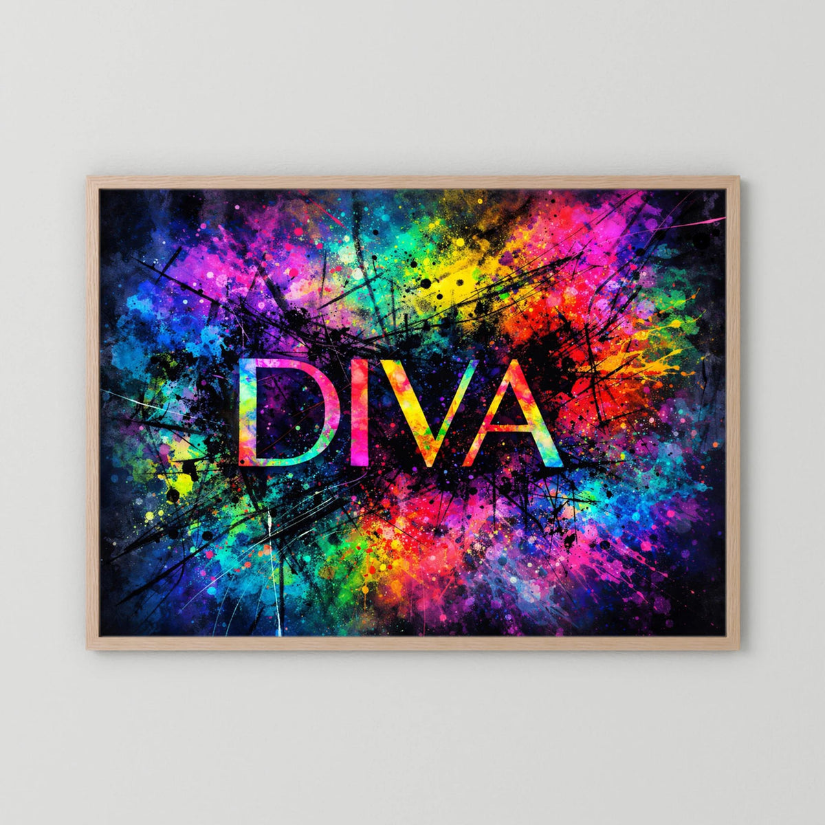 Wandbild „DIVA“ mit abstraktem Farb-Spritzdesign und Linien, im hellen Rahmen