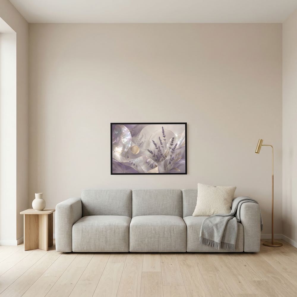 Querformat-Poster mit abstrakter Lavendel-Botanik in Lila und Gold, schwarzer Rahmen