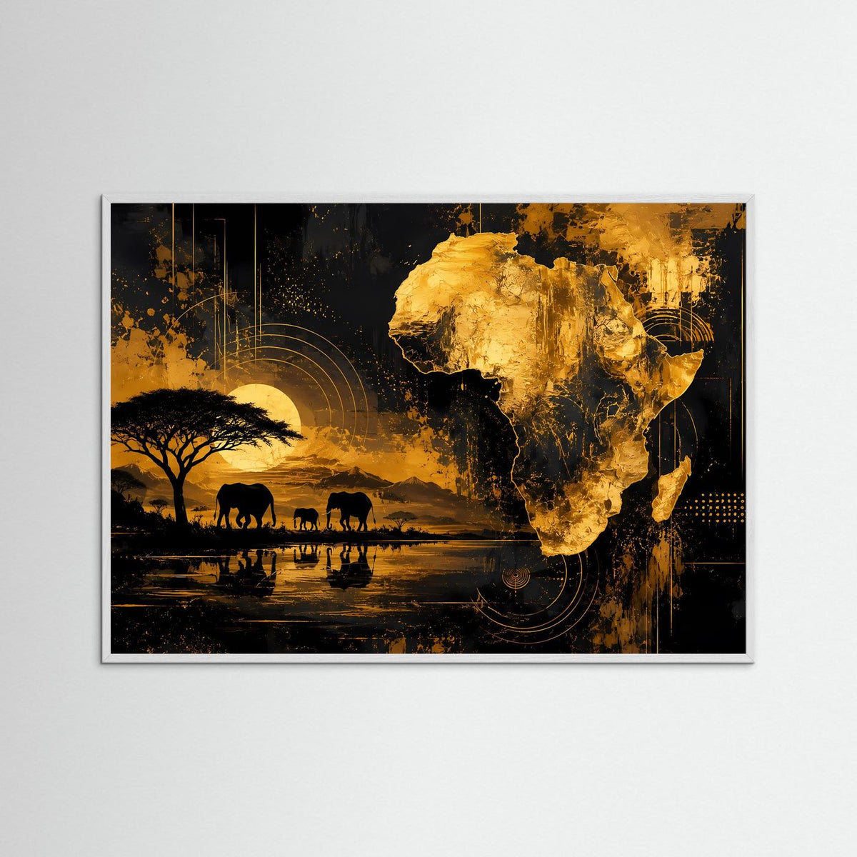Weiß gerahmtes Poster im Querformat mit goldener Afrikakarte, Elefanten und Savannenmotiv