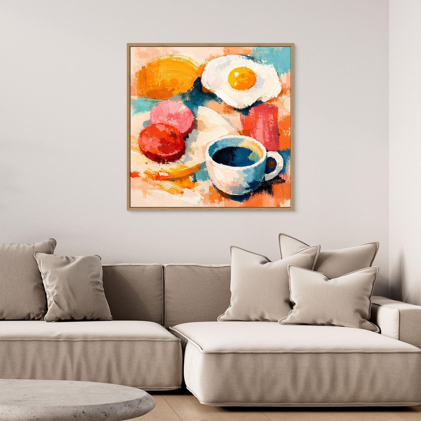 Abstraktes Wandbild aus Leinwand mit Spiegelei und Kaffeetasse, gerahmt in goldfarbenem Rahmen