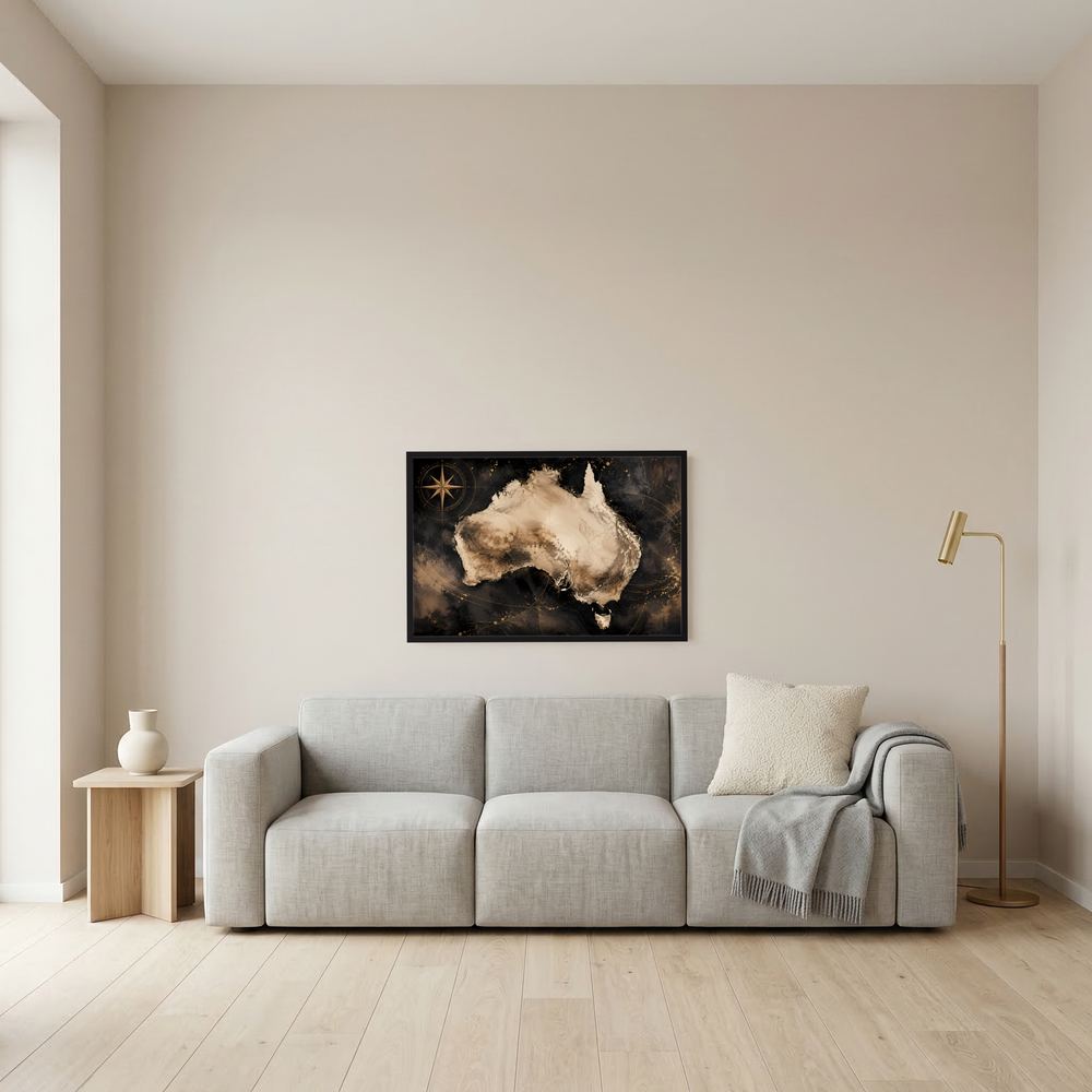 Wandposter mit Australienkarte in Schwarz und Gold, Kompassstern auf dunklem Hintergrund
