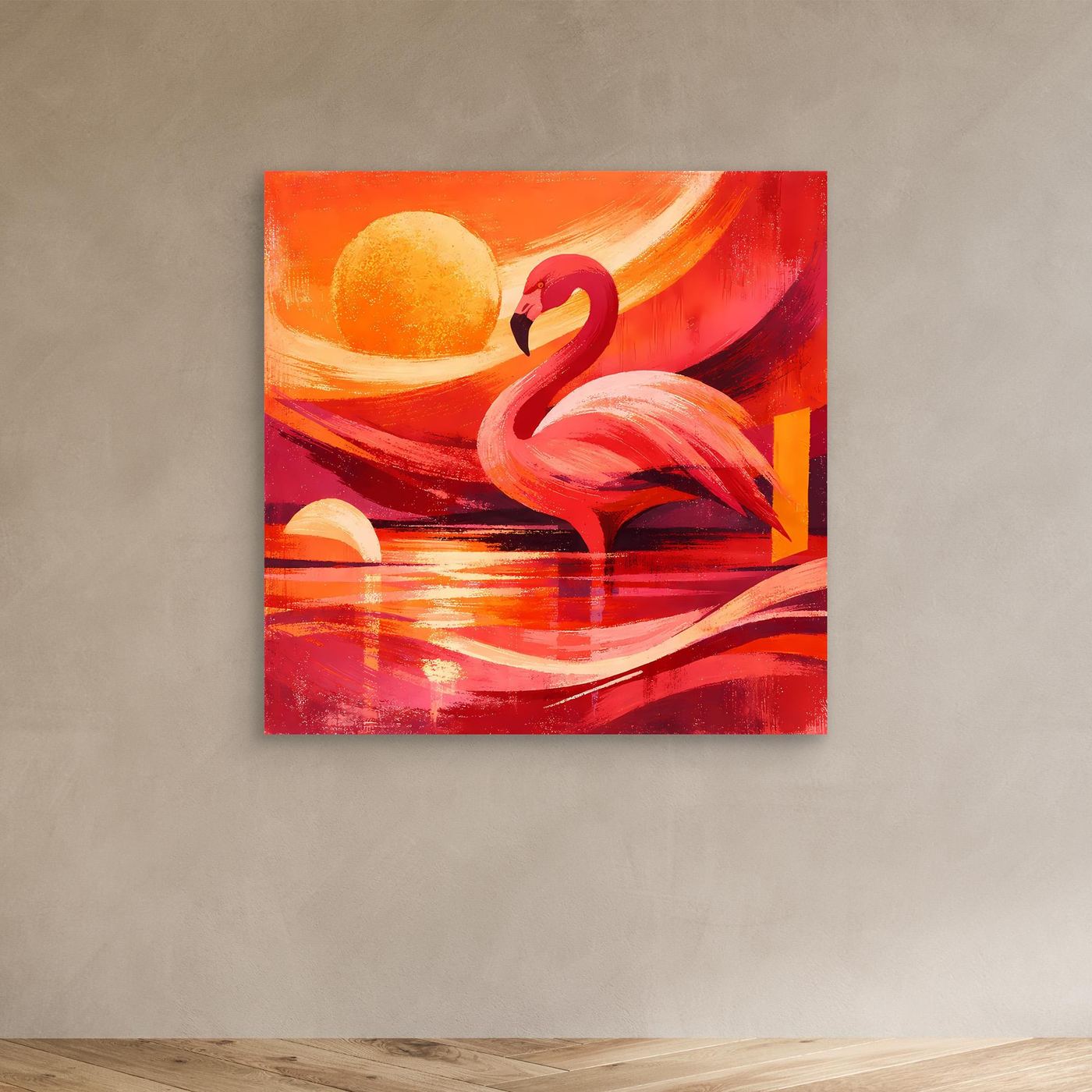 Kleines Leinwand-Wandbild: roter Flamingo, gelbe Sonne und rotes Wasser in abstrakten Pinselstrichen
