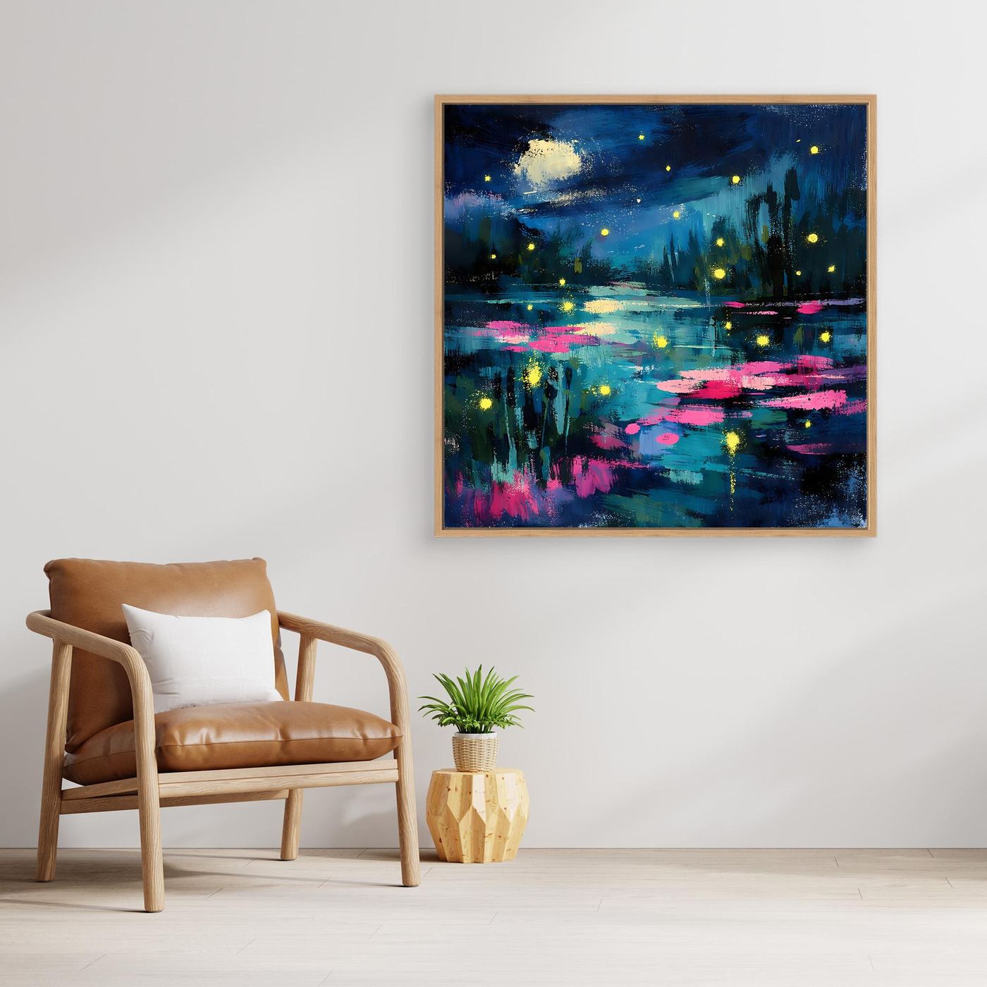 Framed abstract night lake wall art with teal-blue water and glowing firefly lights