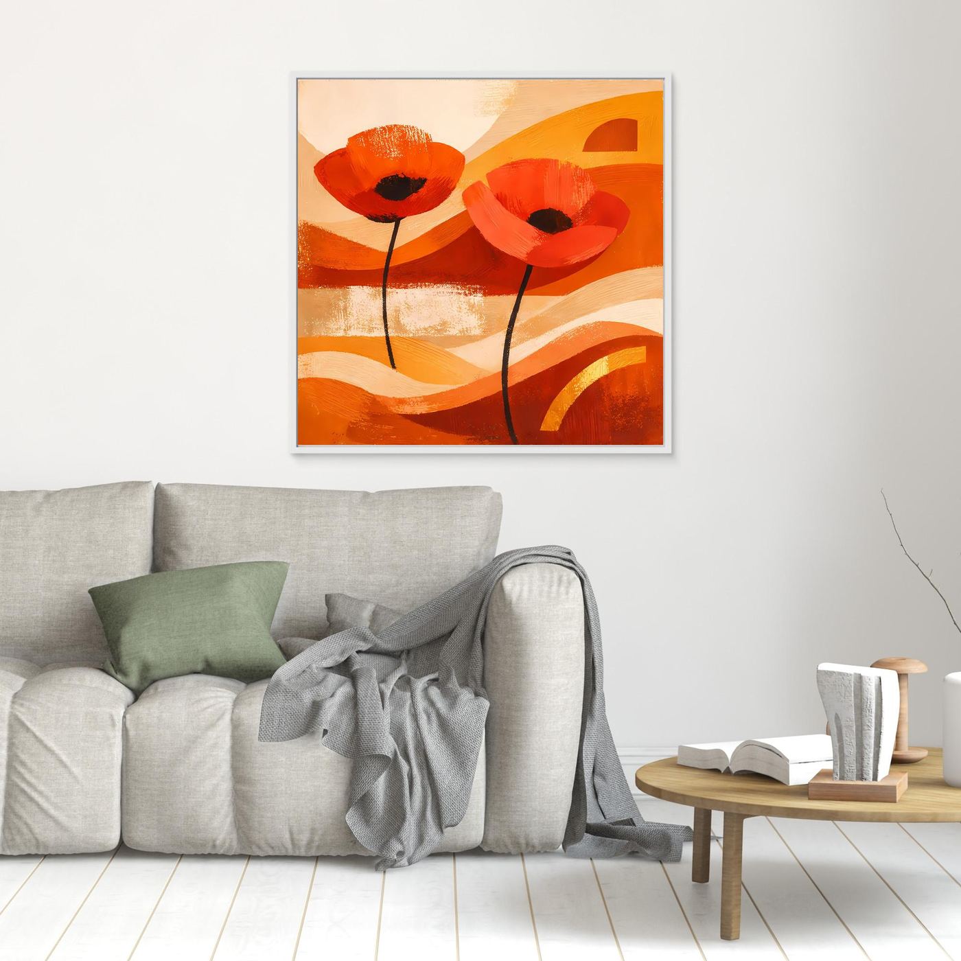 Quadratisches Leinwandbild mit abstrakten roten Mohnblumen in warmem Orange im weißen Rahmen